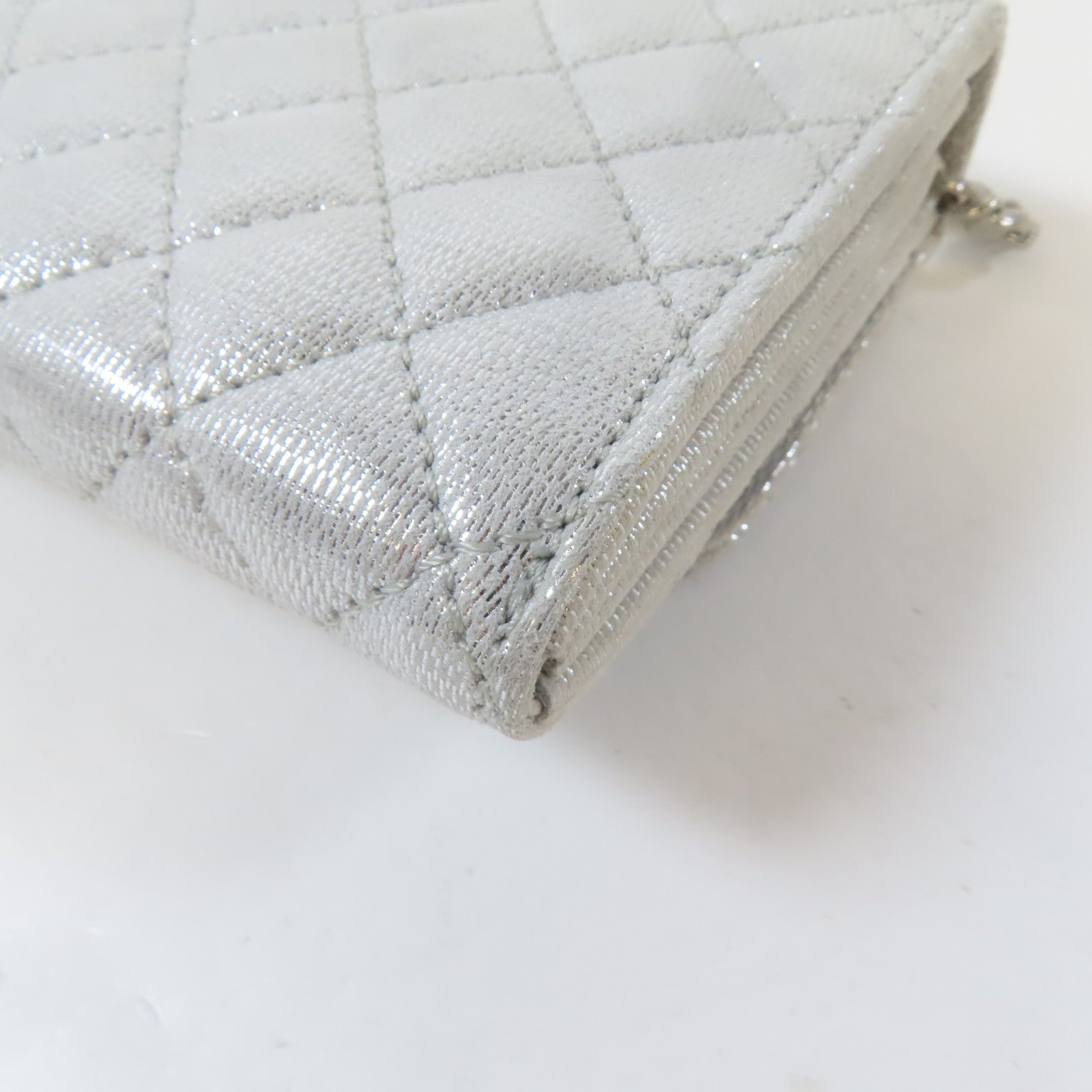 CHANEL 菱格皮革Chain Shoulder銀扣鏈帶肩背袋銀色