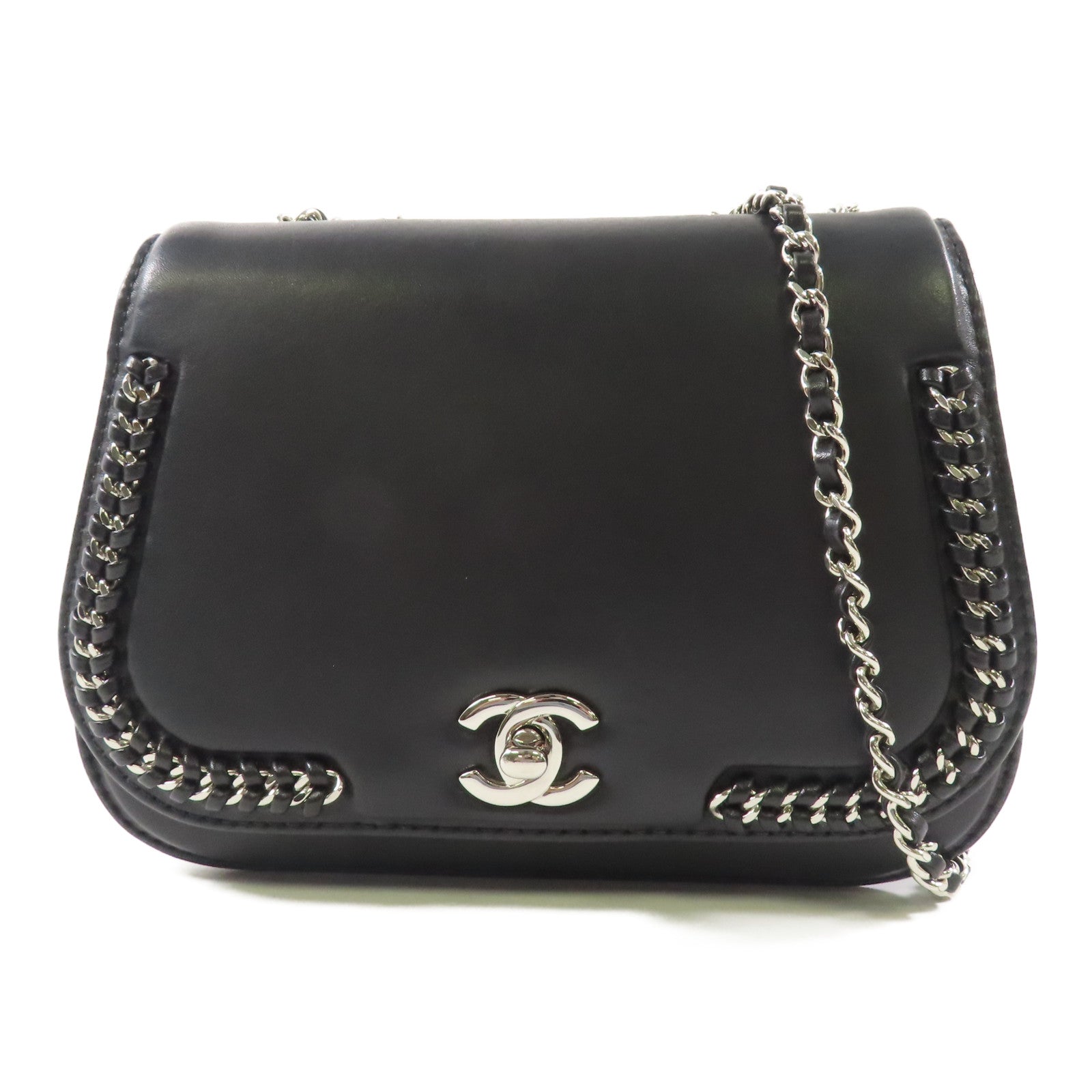 CHANEL 羊皮皮革Chain Shoulder銀扣鏈帶肩背袋