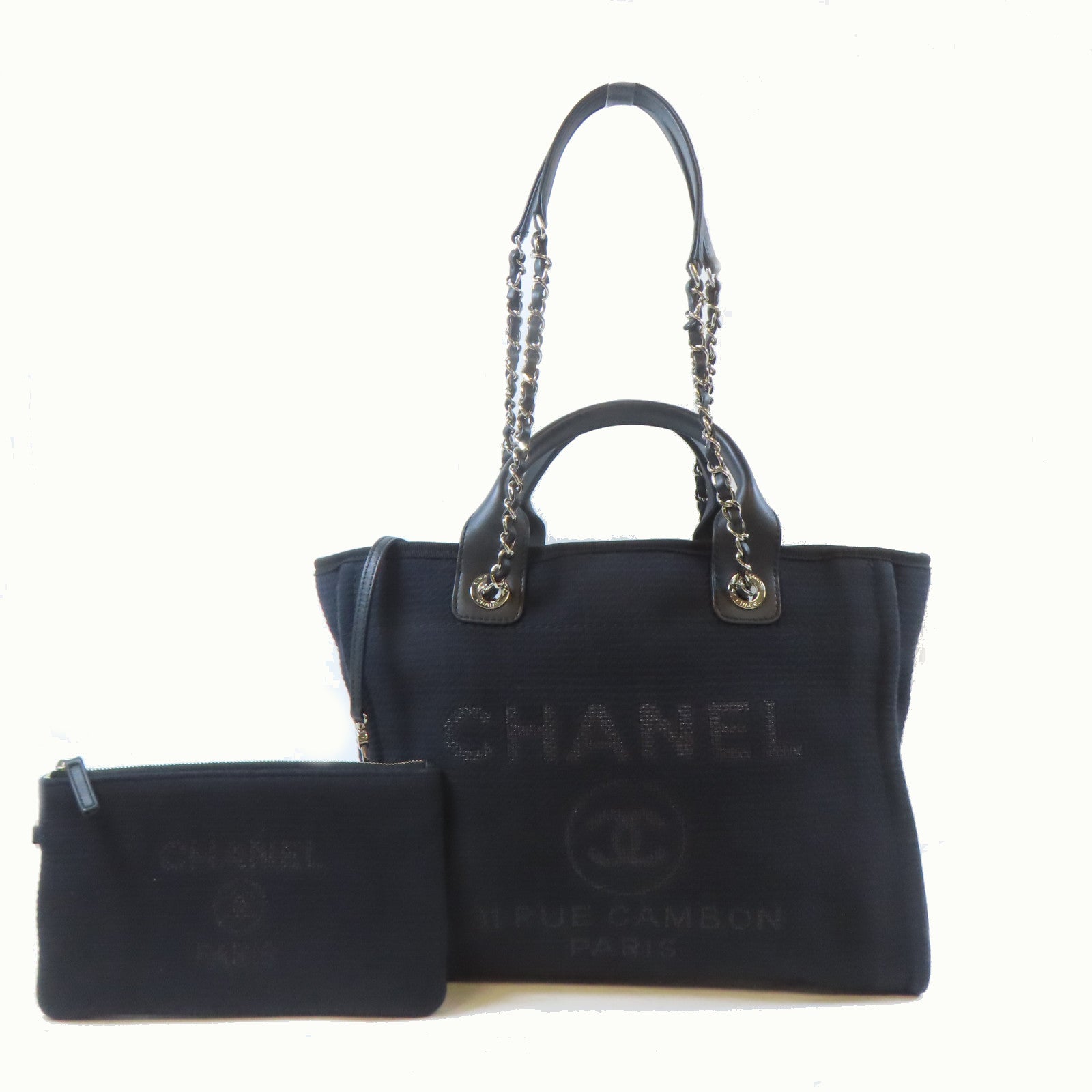 CHANEL 帆布Deauville Tote Medium銀扣手挽肩背兩用袋黑色