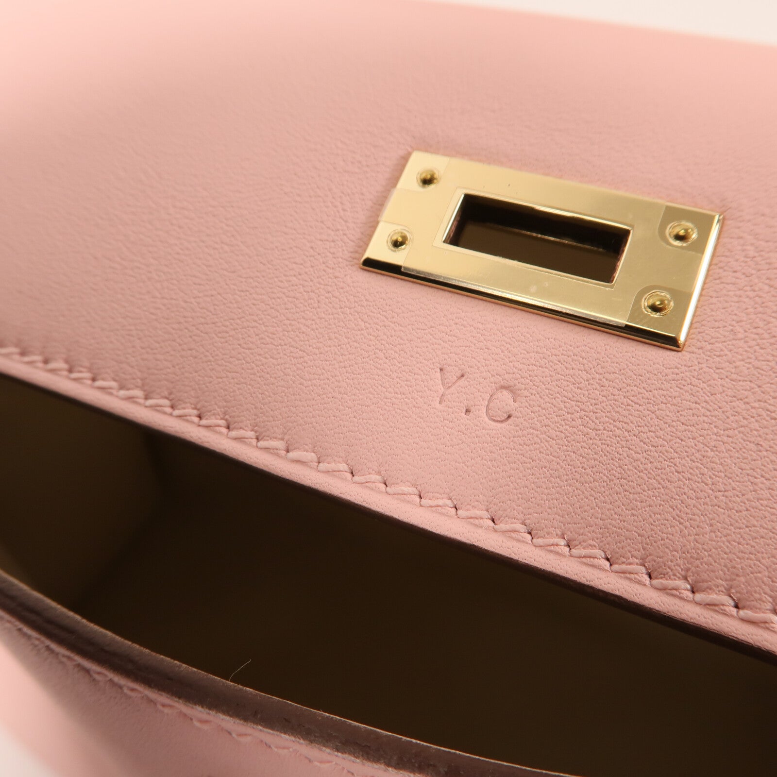 HERMES Swift皮革Mini Kelly Pochette金扣手挽袋Rose Sakura/Nata