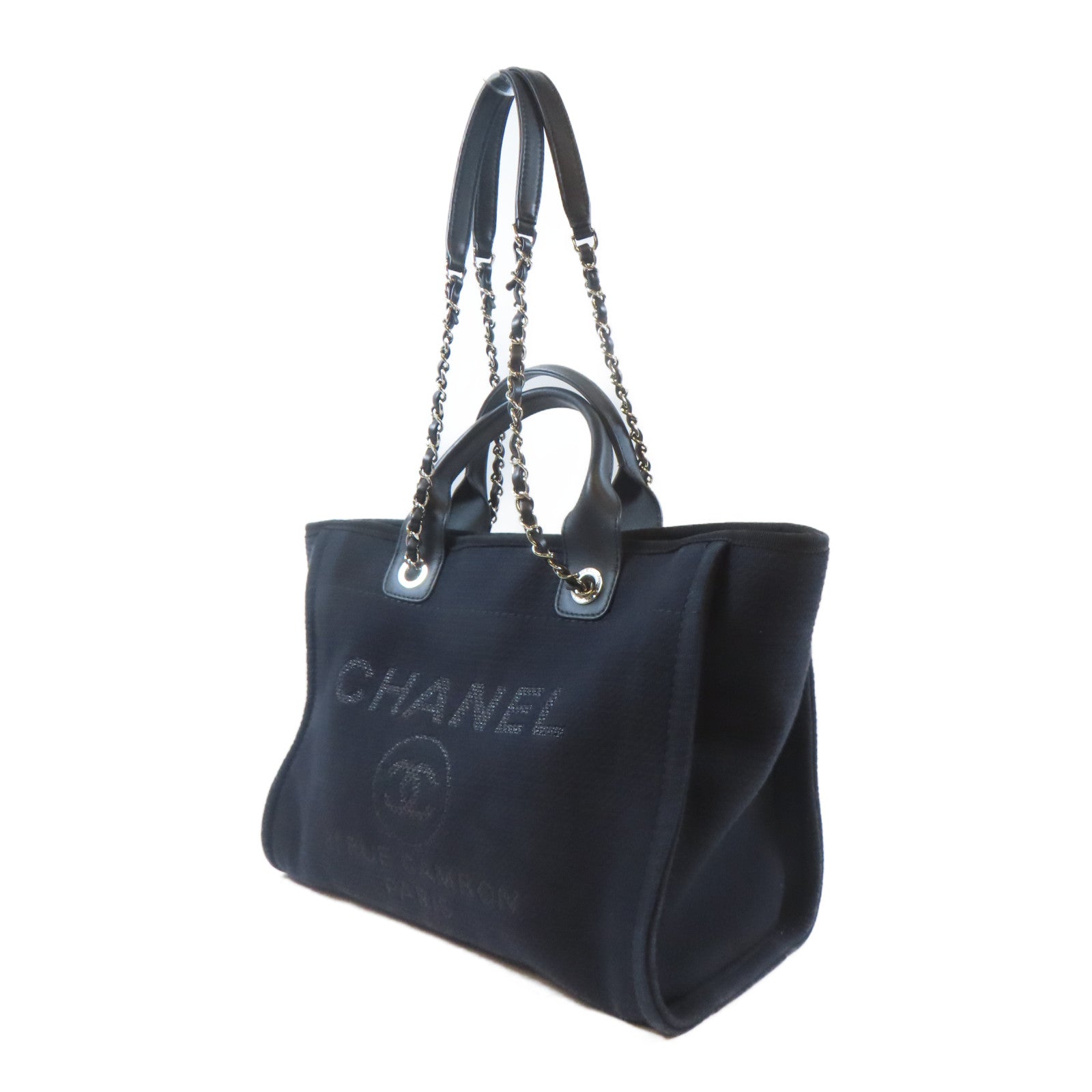 CHANEL 帆布Deauville Tote Medium銀扣手挽肩背兩用袋黑色