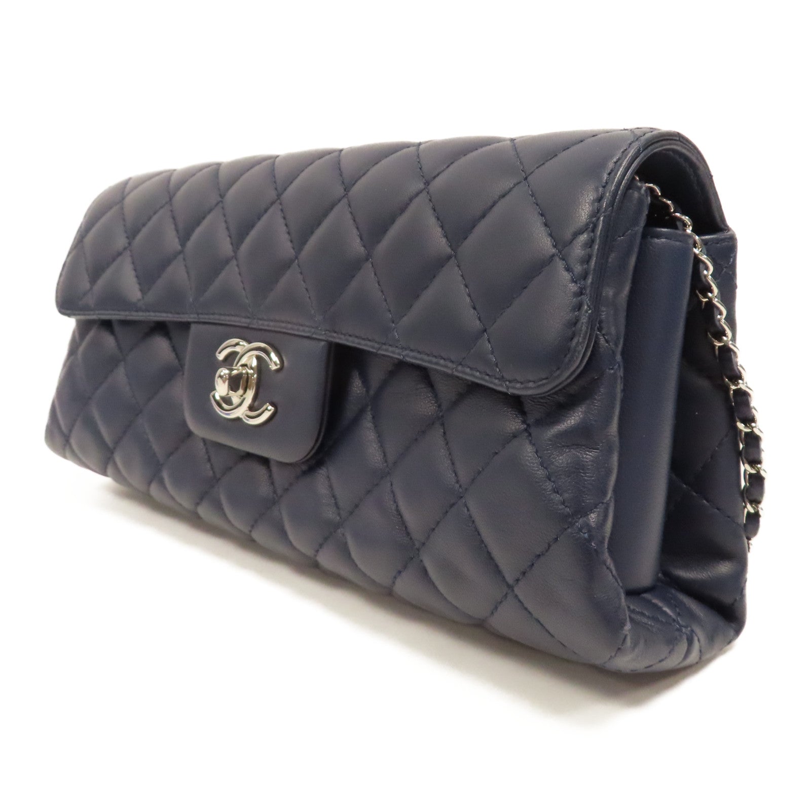 CHANEL 菱格羊皮皮革Chain Shoulder銀扣鏈帶肩背袋深藍色