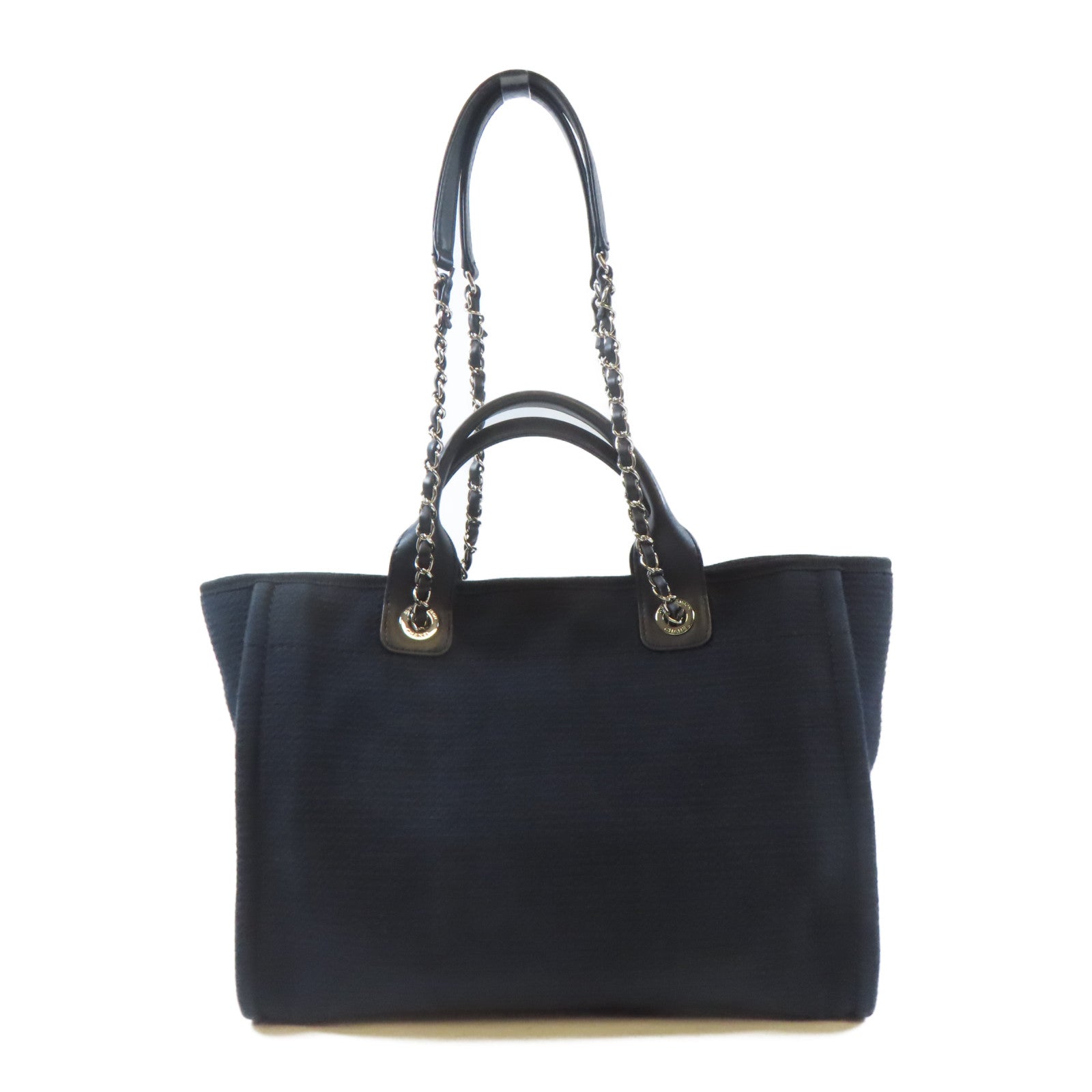 CHANEL 帆布Deauville Tote Medium銀扣手挽肩背兩用袋黑色