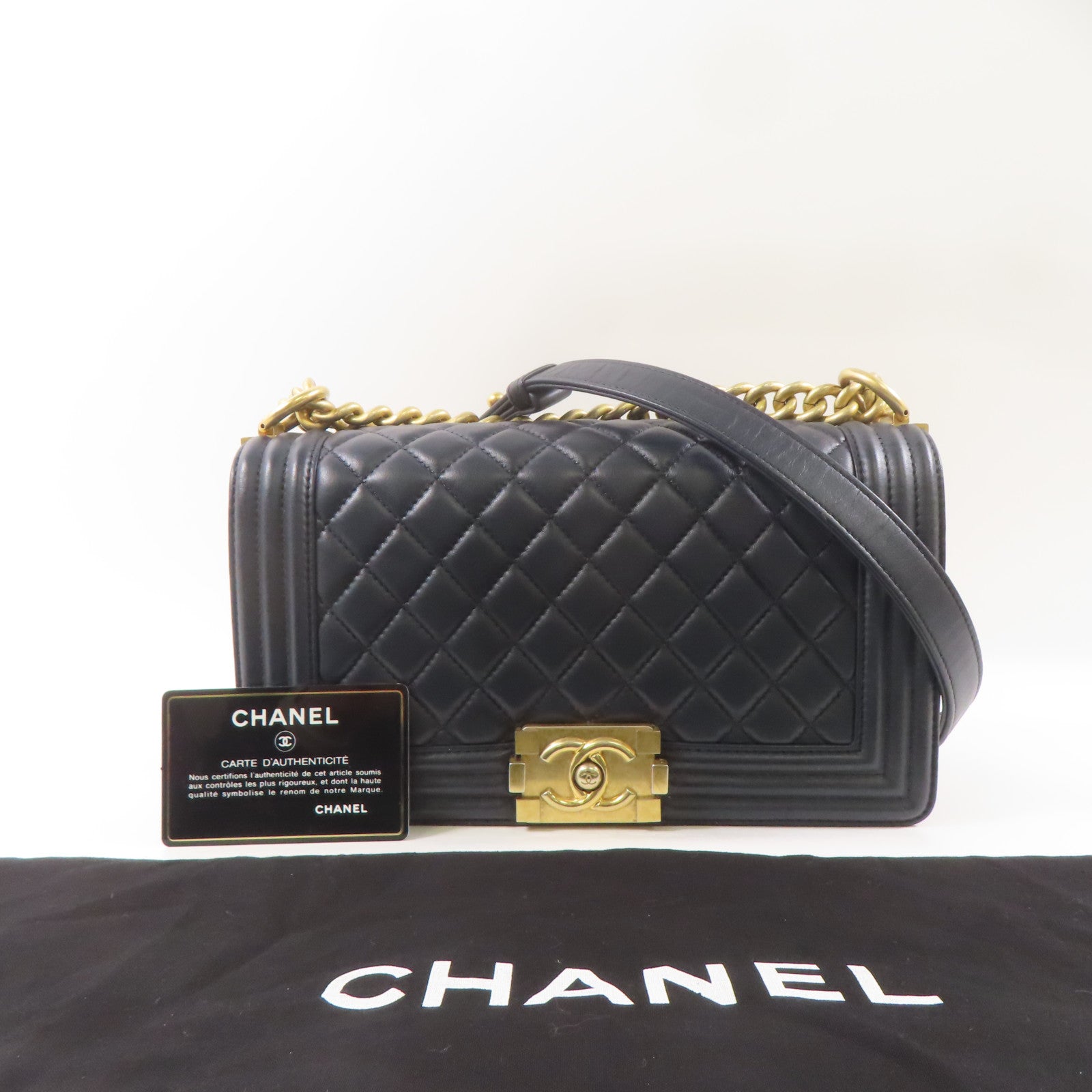 CHANEL 羊皮皮革Boy 25金扣鏈帶肩背袋深藍色
