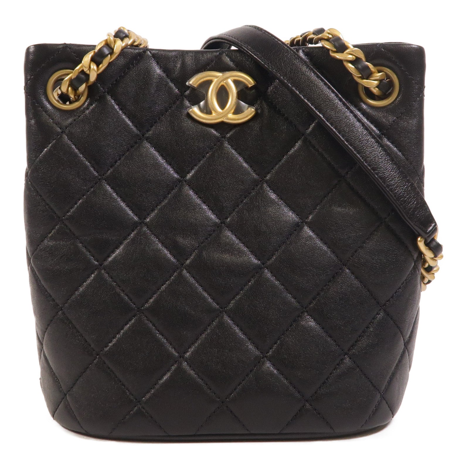 CHANEL 羊皮皮革Bucket Bag金扣鏈帶肩背袋