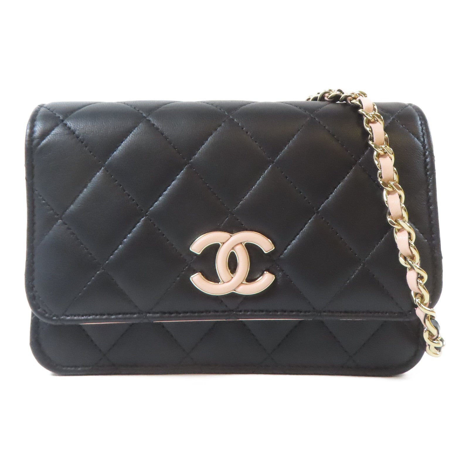 CHANEL 菱格羊皮皮革Mini Wallet On Chain金扣鏈帶肩背袋黑色/粉紅色