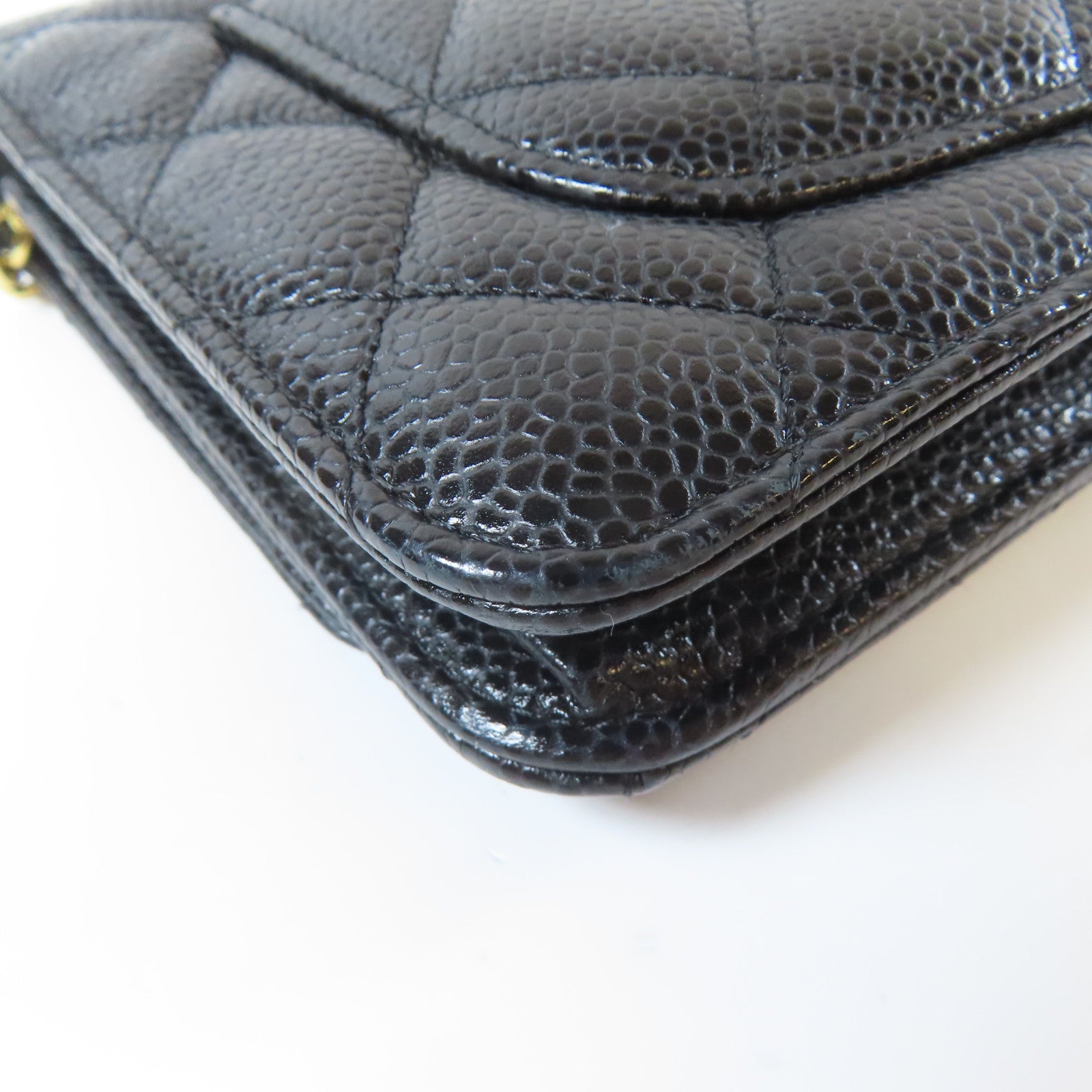 CHANEL 菱格Caviar皮革Chain Shoulder金扣鏈帶肩背袋黑色