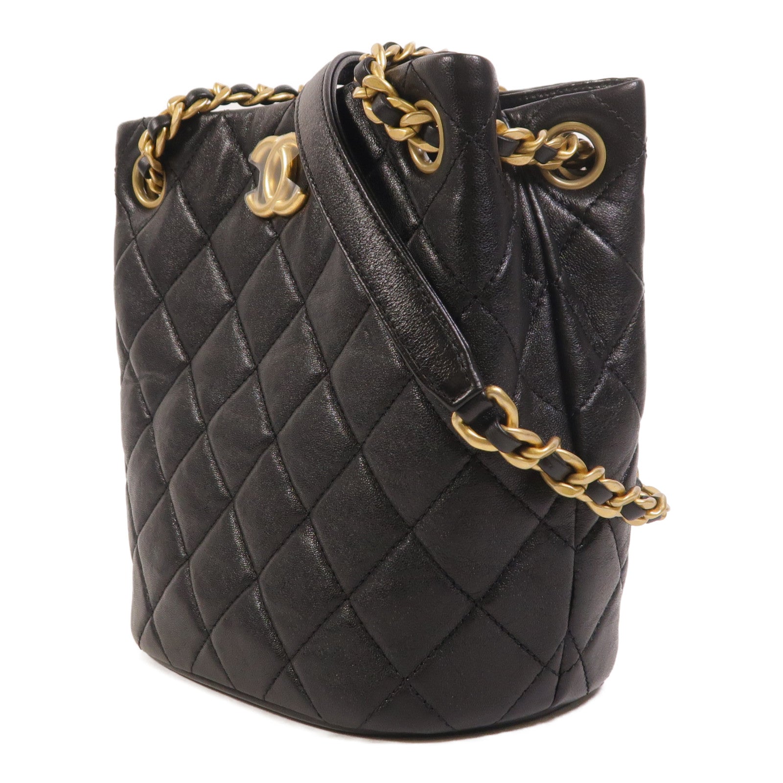 CHANEL 羊皮皮革Bucket Bag金扣鏈帶肩背袋