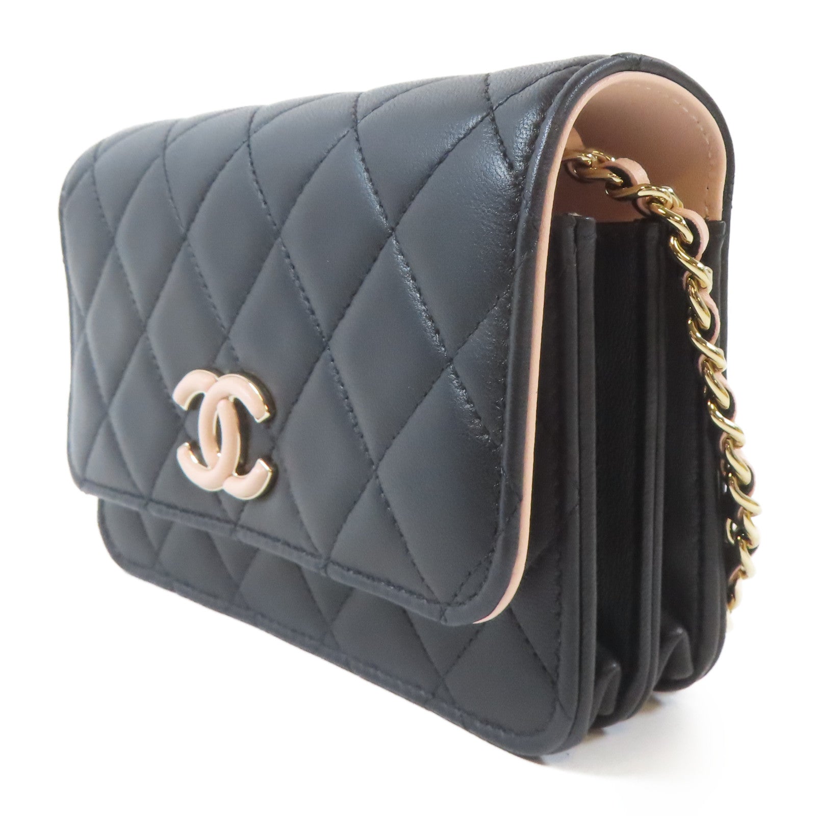 CHANEL 菱格羊皮皮革Mini Wallet On Chain金扣鏈帶肩背袋黑色/粉紅色