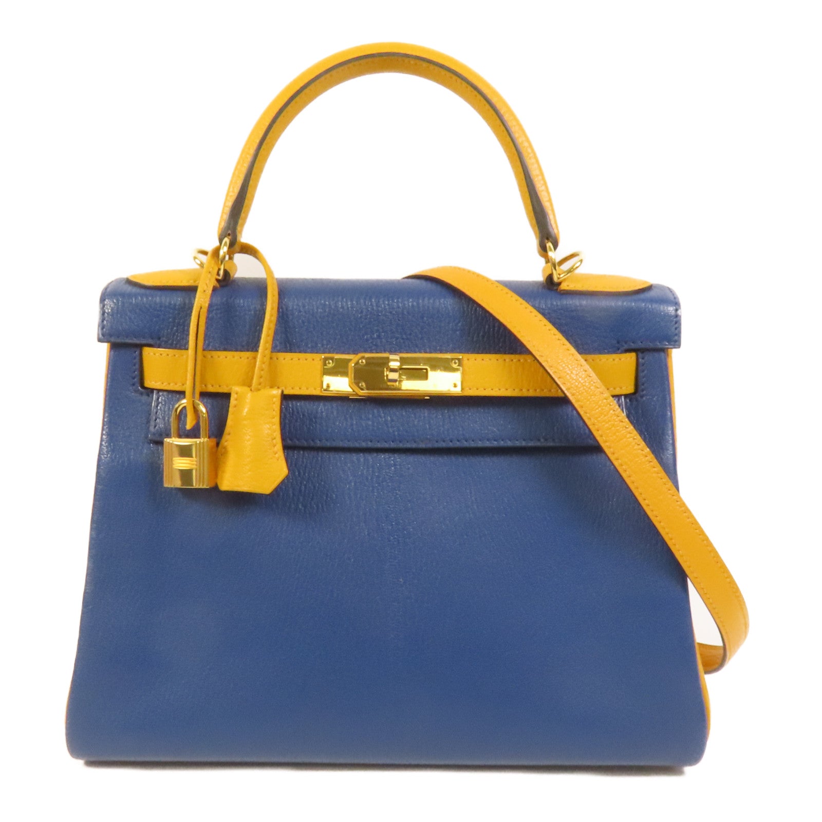 HERMES 【激減優惠】Chevre皮革Kelly 28金扣手挽肩背兩用袋Deep Blue/Jaune Ambre