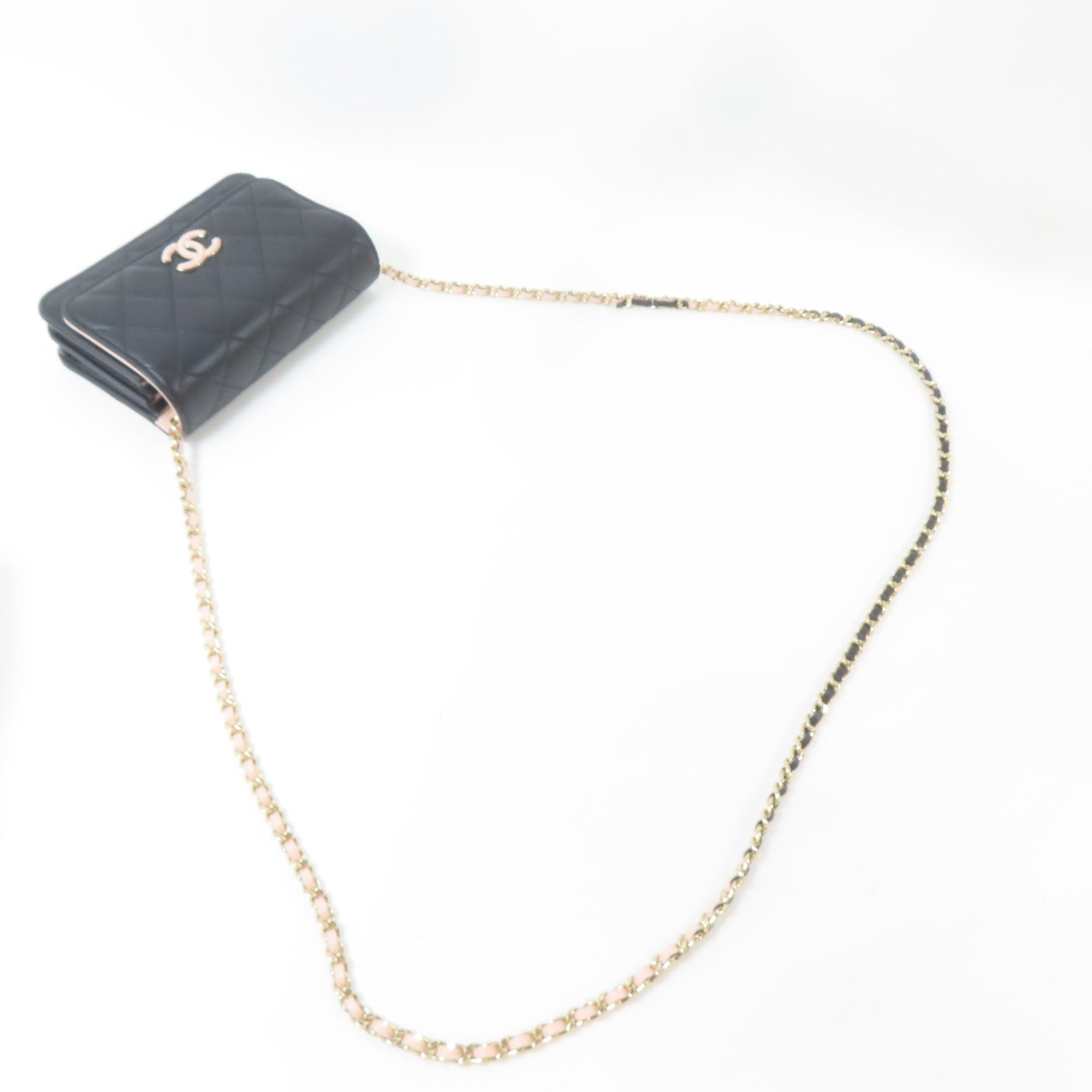 CHANEL 菱格羊皮皮革Mini Wallet On Chain金扣鏈帶肩背袋黑色/粉紅色