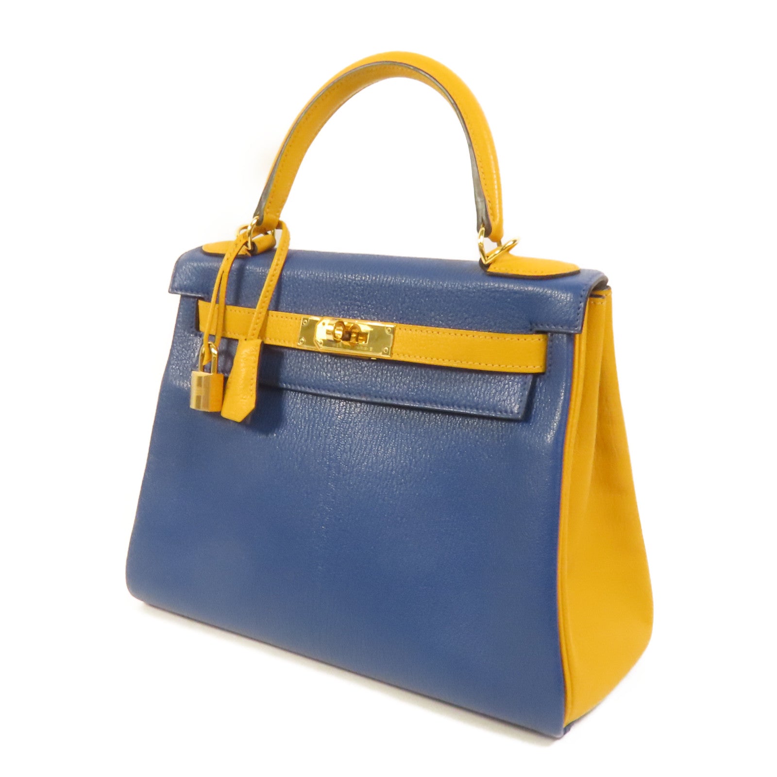 HERMES 【激減優惠】Chevre皮革Kelly 28金扣手挽肩背兩用袋Deep Blue/Jaune Ambre