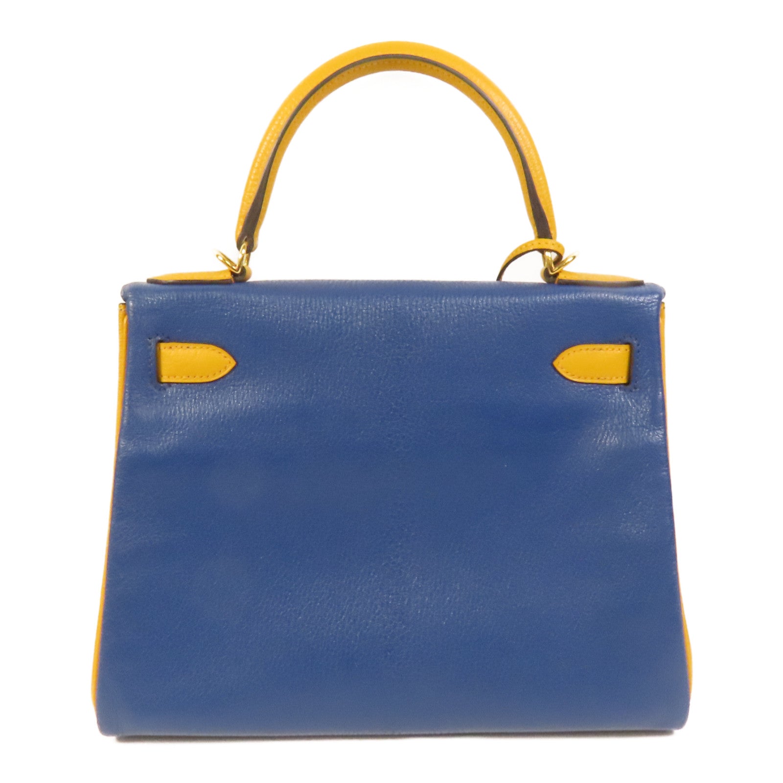 HERMES Chevre皮革Kelly 28金扣手挽肩背兩用袋Deep Blue/Jaune Ambre