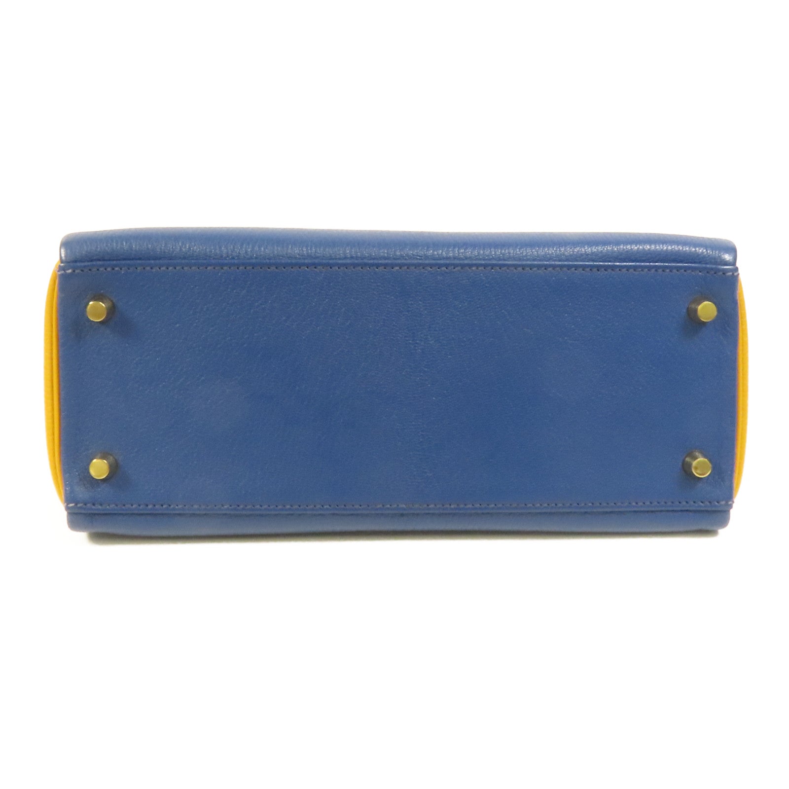 HERMES 【激減優惠】Chevre皮革Kelly 28金扣手挽肩背兩用袋Deep Blue/Jaune Ambre