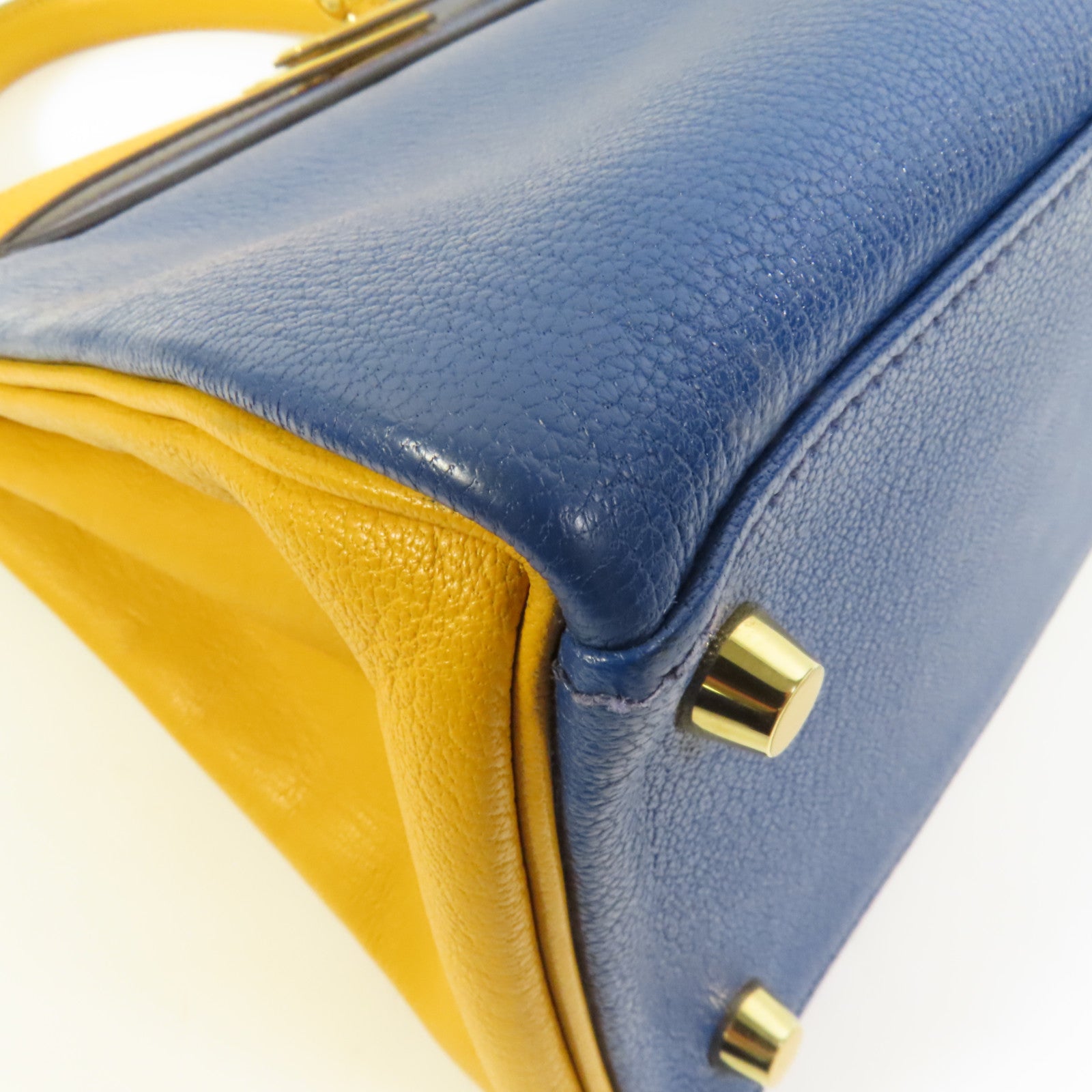 HERMES 【激減優惠】Chevre皮革Kelly 28金扣手挽肩背兩用袋Deep Blue/Jaune Ambre