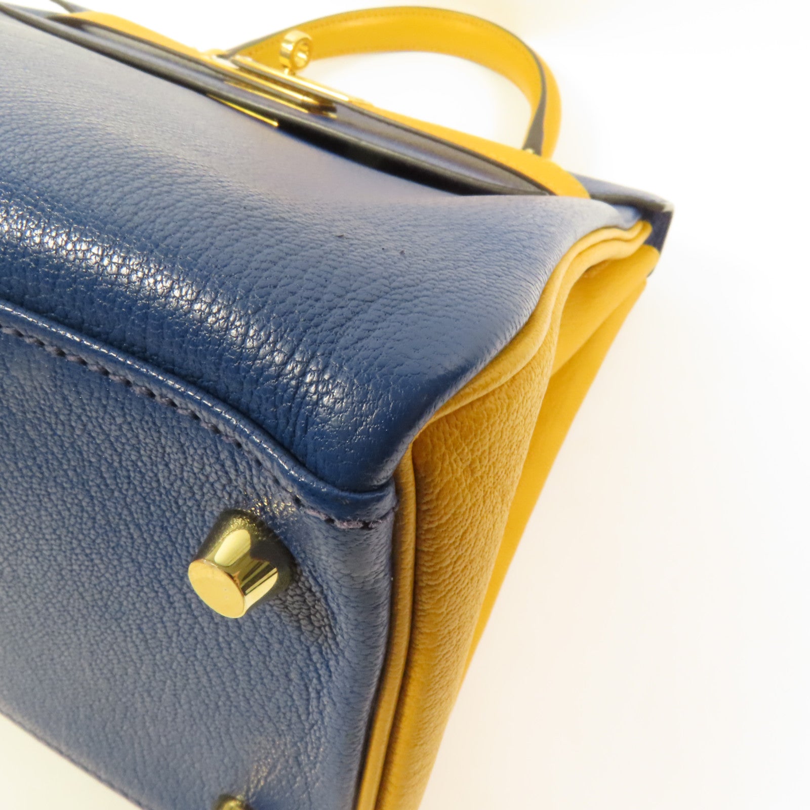 HERMES 【激減優惠】Chevre皮革Kelly 28金扣手挽肩背兩用袋Deep Blue/Jaune Ambre