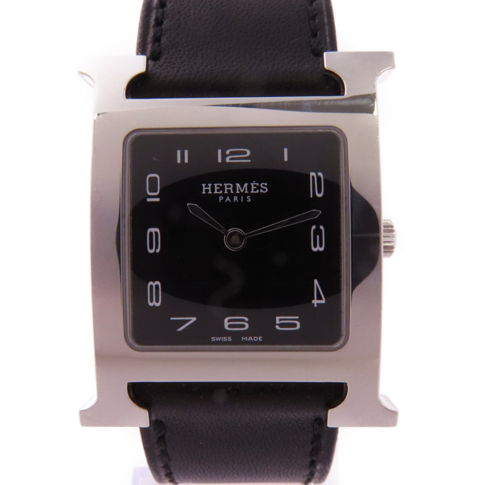 HERMES Heure H不鏽鋼/皮革手錶石英機芯黑色