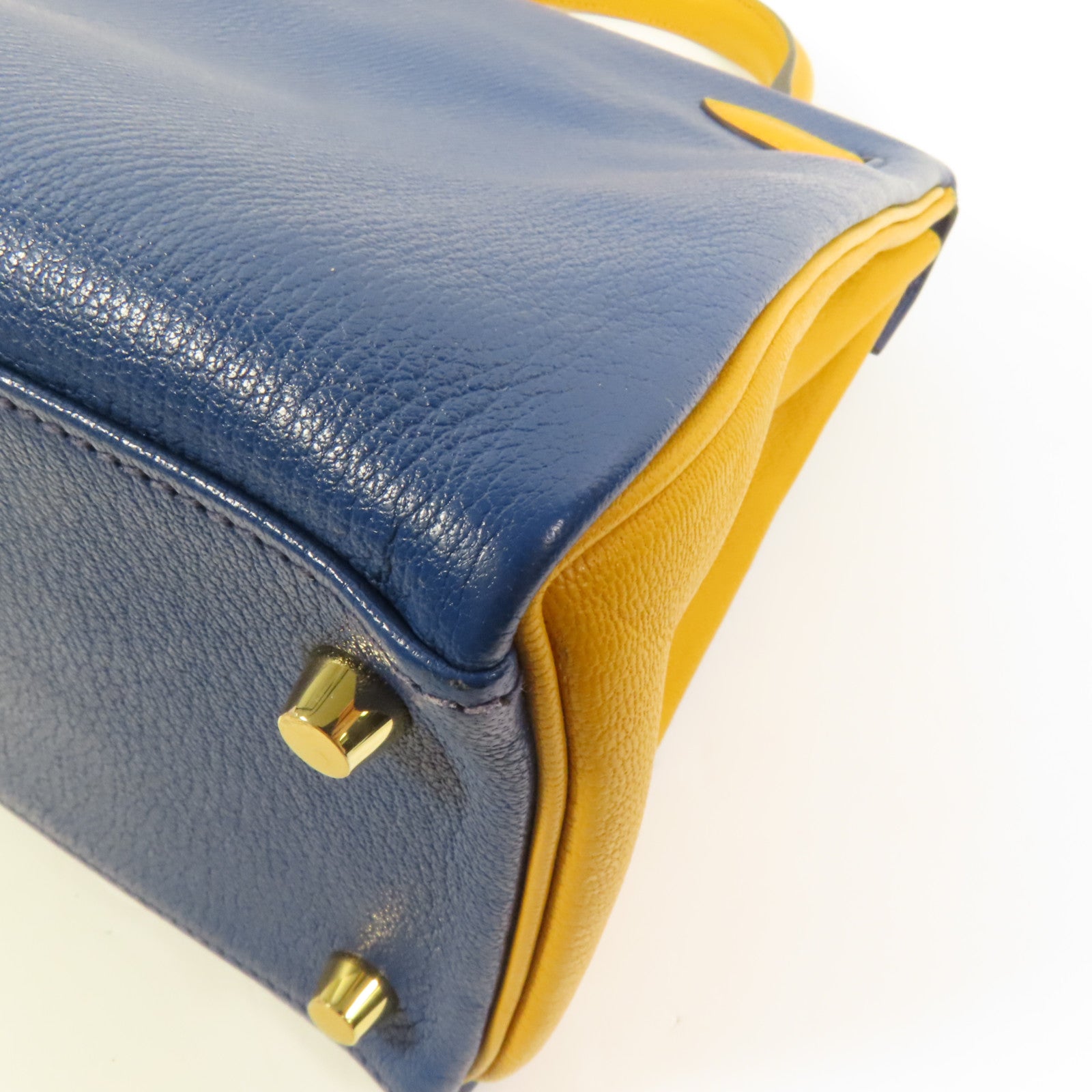 HERMES 【激減優惠】Chevre皮革Kelly 28金扣手挽肩背兩用袋Deep Blue/Jaune Ambre
