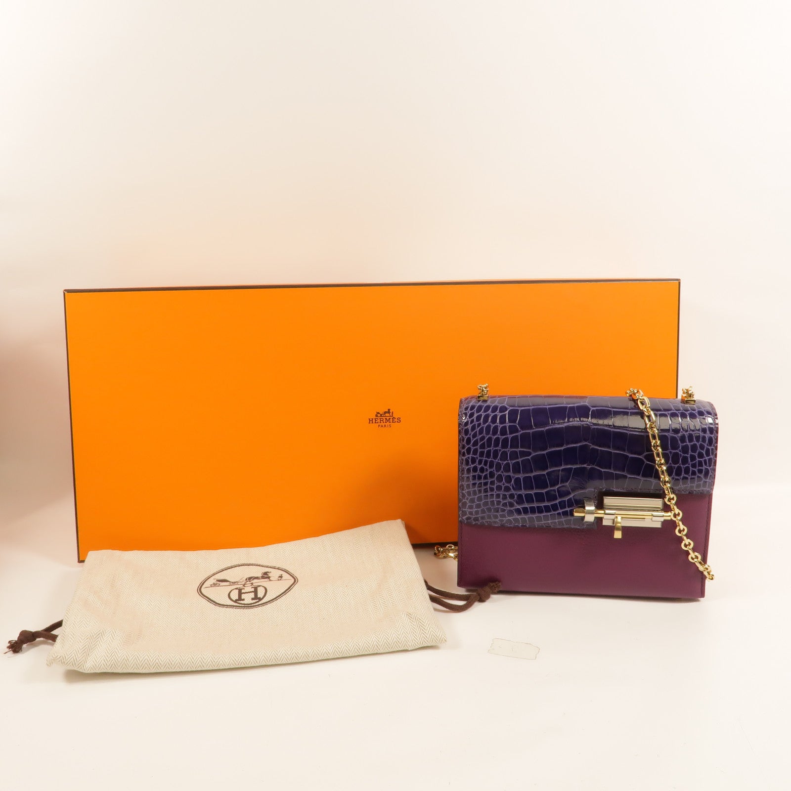 HERMES Chamkil/鱷魚皮革Verrou Mini鏈帶肩背袋Anemone/Cassis