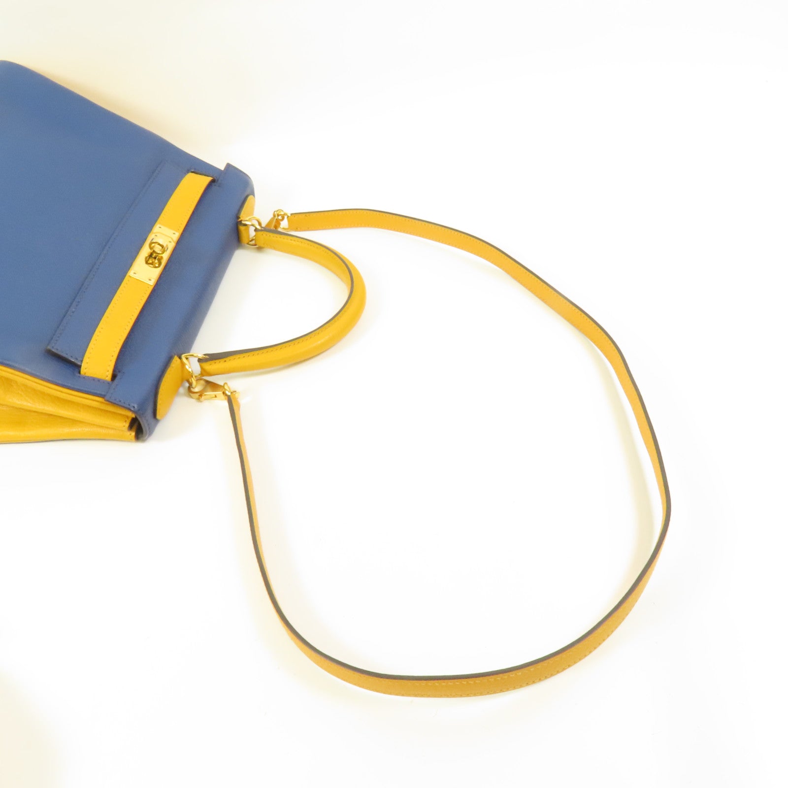 HERMES 【激減優惠】Chevre皮革Kelly 28金扣手挽肩背兩用袋Deep Blue/Jaune Ambre