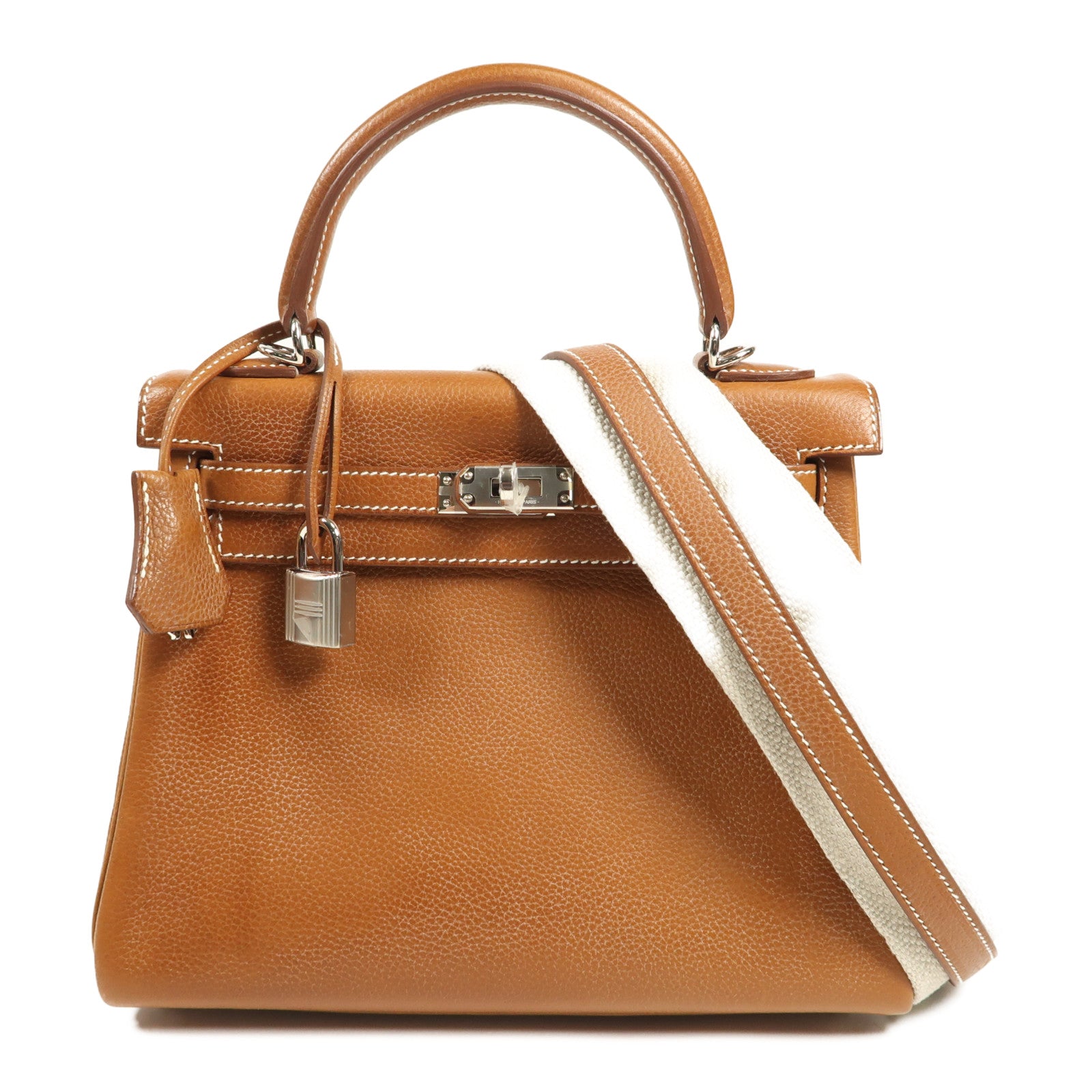 HERMES Barenia皮革Kelly 25銀扣手挽肩背兩用袋Fauve