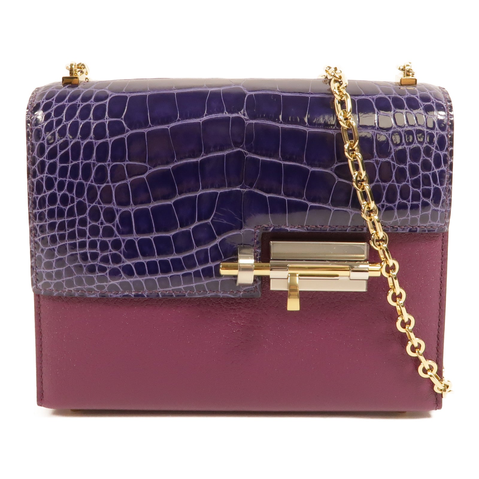 HERMES Chamkil/鱷魚皮革Verrou Mini鏈帶肩背袋Anemone/Cassis
