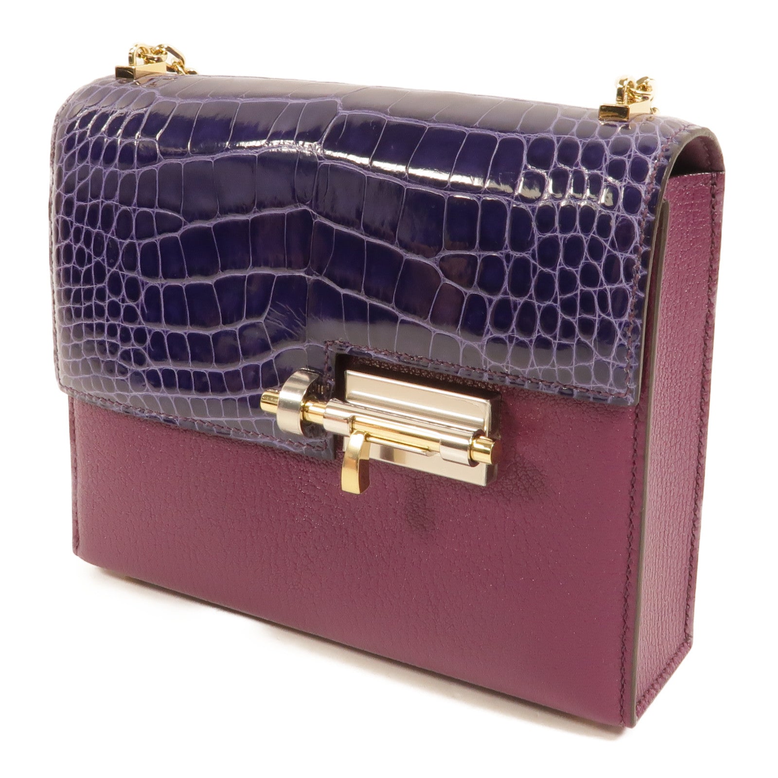 HERMES Chamkil/鱷魚皮革Verrou Mini鏈帶肩背袋Anemone/Cassis