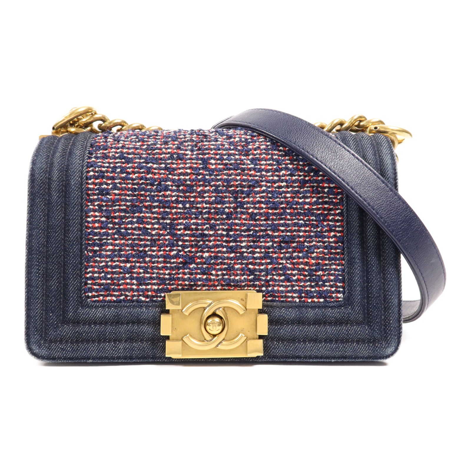 CHANEL 牛仔布/斜紋軟呢Boy 20金扣肩背袋