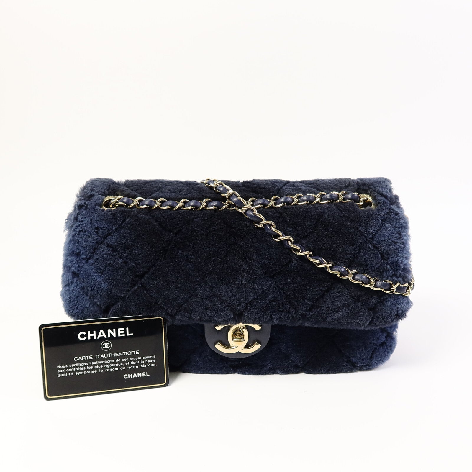 CHANEL 兔毛Flap Bag Medium鏈帶手挽肩背兩用袋