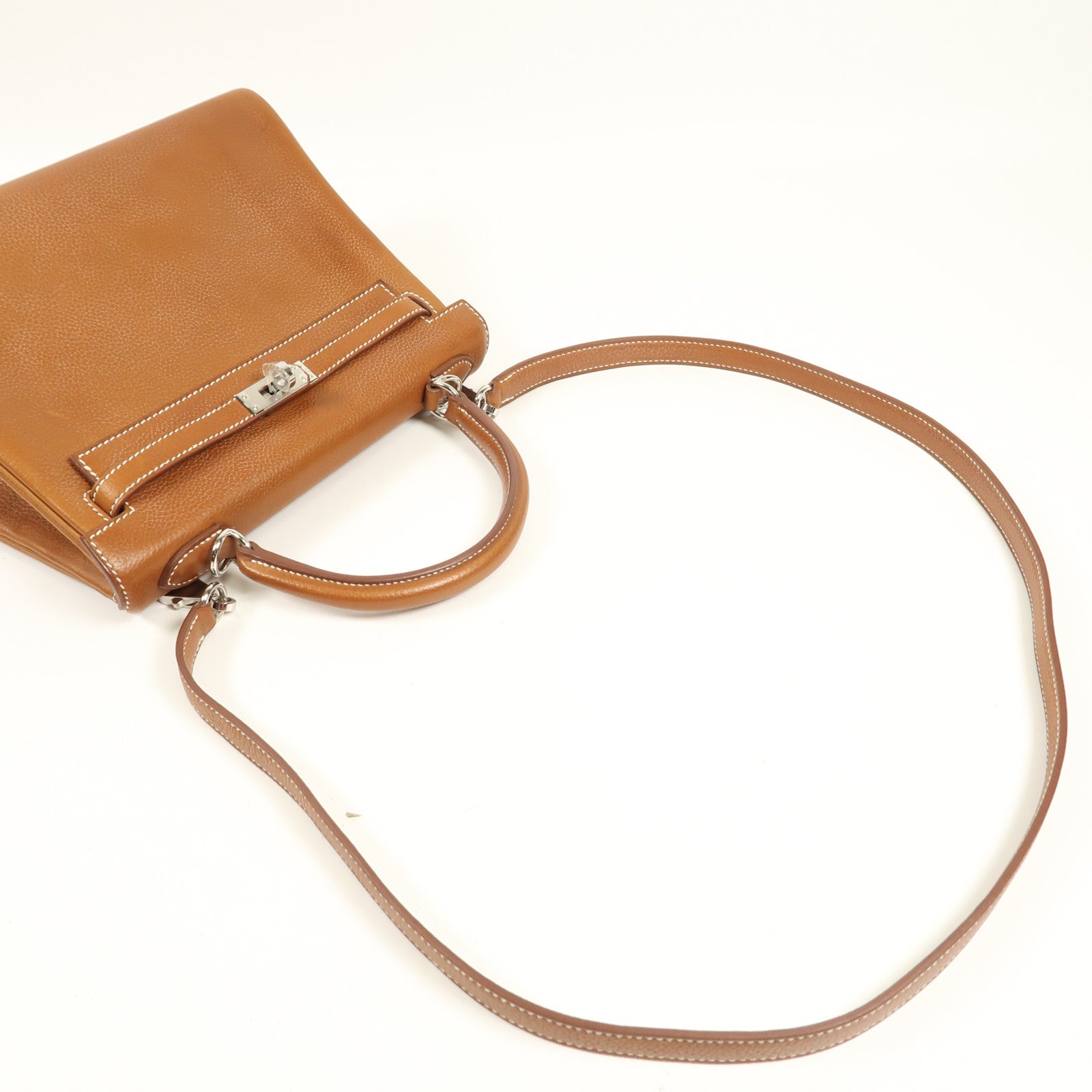 HERMES Barenia皮革Kelly 25銀扣手挽肩背兩用袋Fauve