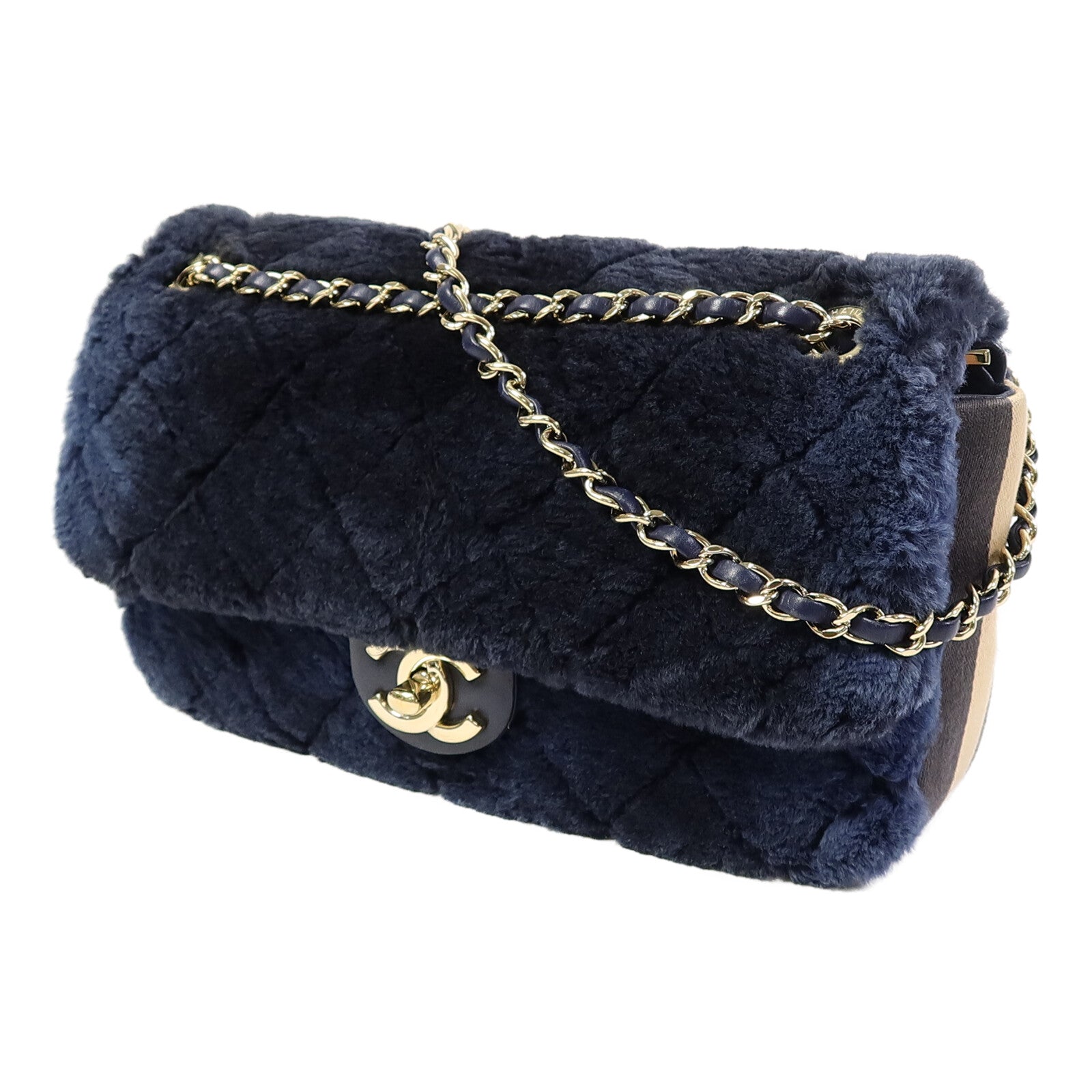 CHANEL 兔毛Flap Bag Medium鏈帶手挽肩背兩用袋