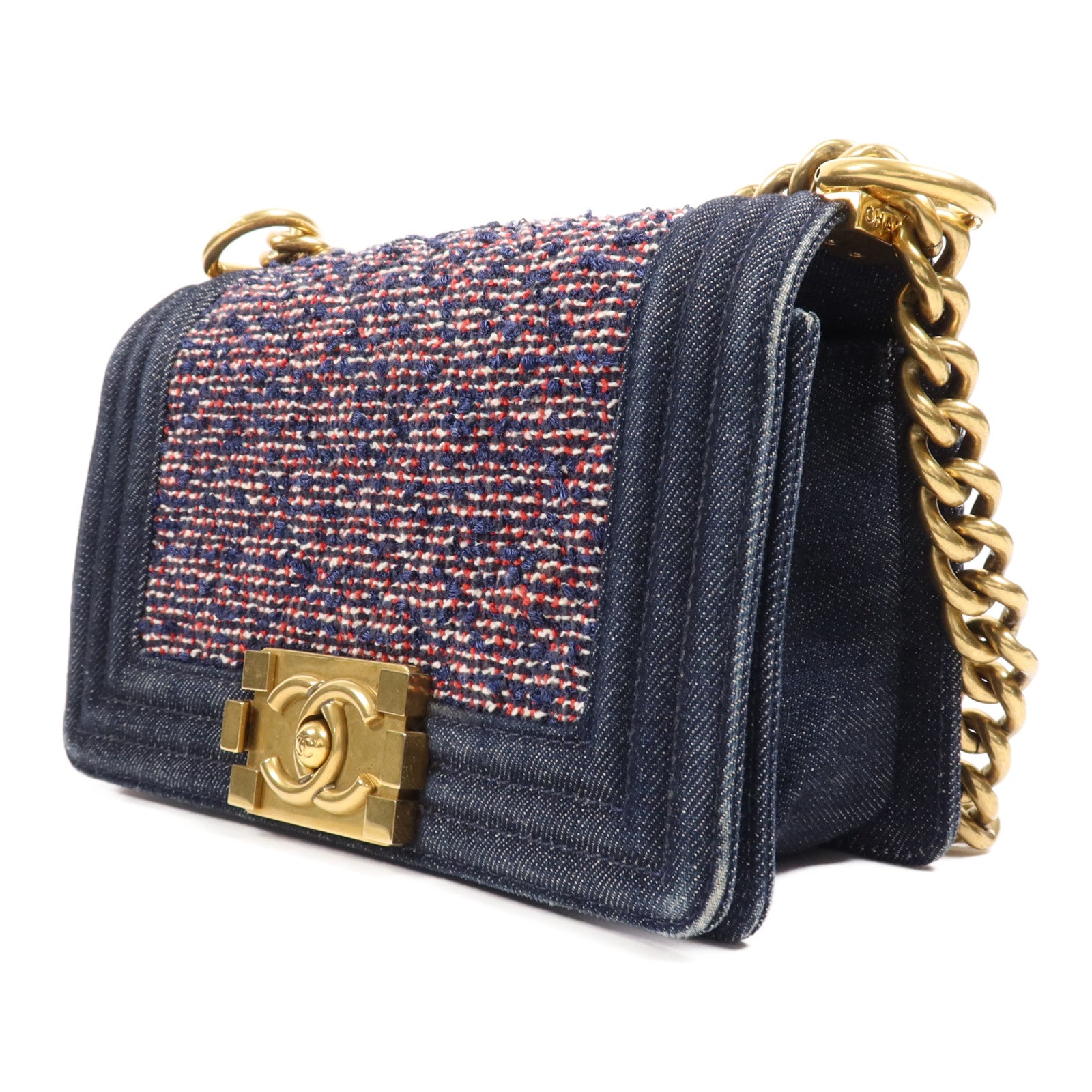 CHANEL 牛仔布/斜紋軟呢Boy 20金扣肩背袋