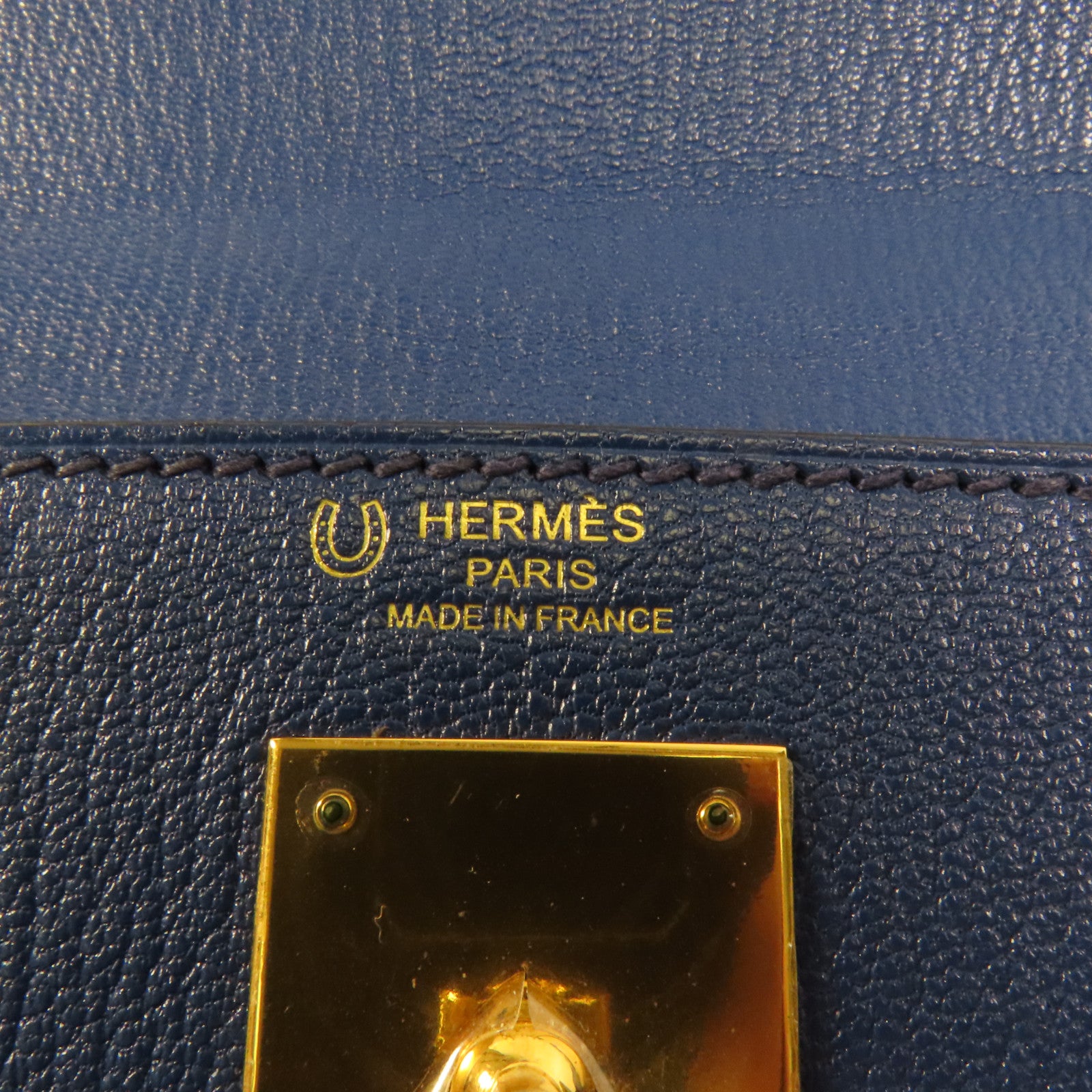 HERMES 【激減優惠】Chevre皮革Kelly 28金扣手挽肩背兩用袋Deep Blue/Jaune Ambre
