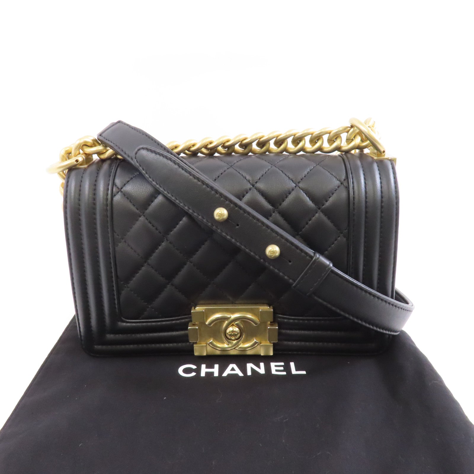 CHANEL 菱格皮革Boy 20cm金扣鏈帶肩背袋黑色