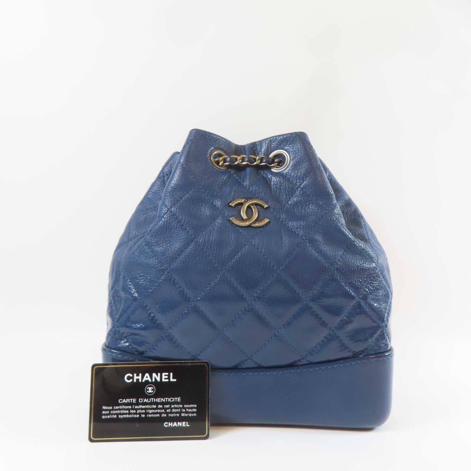 CHANEL 菱格牛皮皮革Gabrielle Backpack金扣/銀扣鏈帶背包藍色