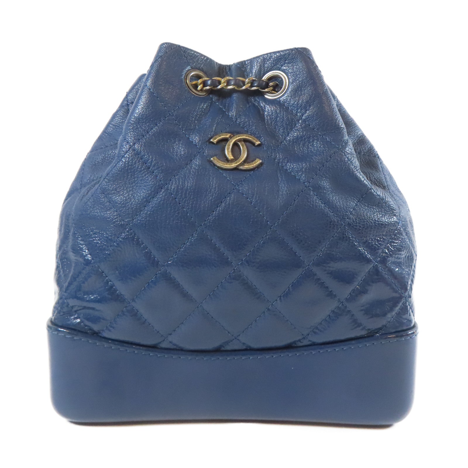 CHANEL 菱格牛皮皮革Gabrielle Backpack金扣/銀扣鏈帶背包藍色