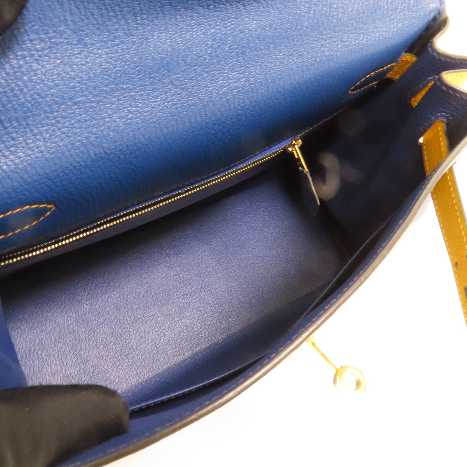 HERMES 【激減優惠】Chevre皮革Kelly 28金扣手挽肩背兩用袋Deep Blue/Jaune Ambre