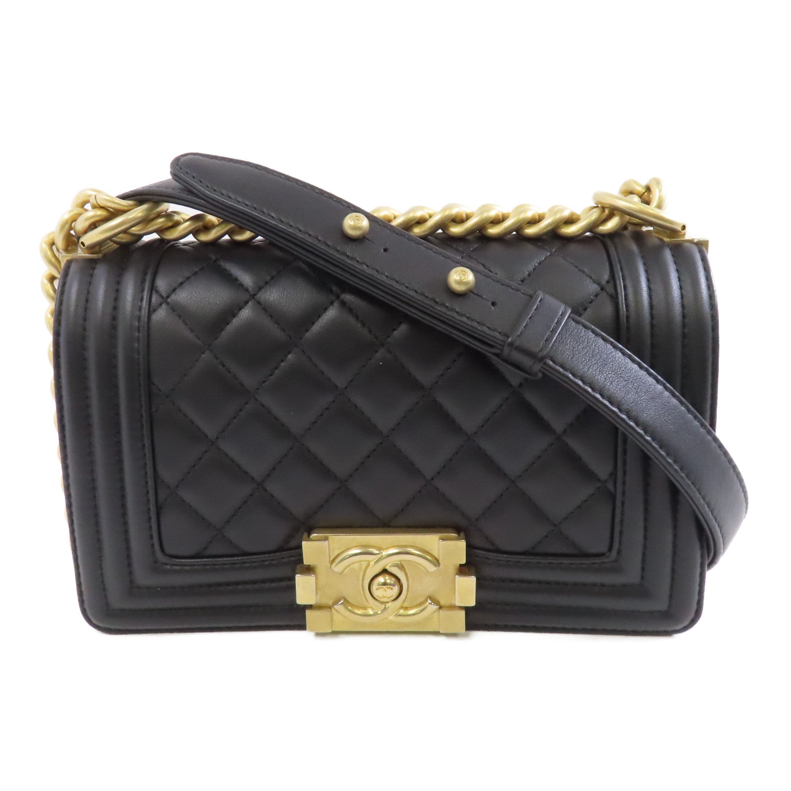 CHANEL 菱格皮革Boy 20cm金扣鏈帶肩背袋黑色