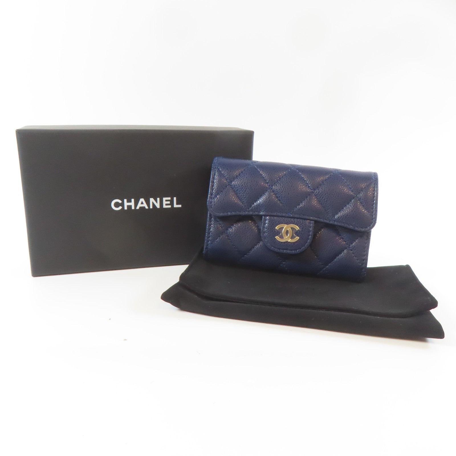 CHANEL 菱格Caviar皮革Card Case銀扣藍色