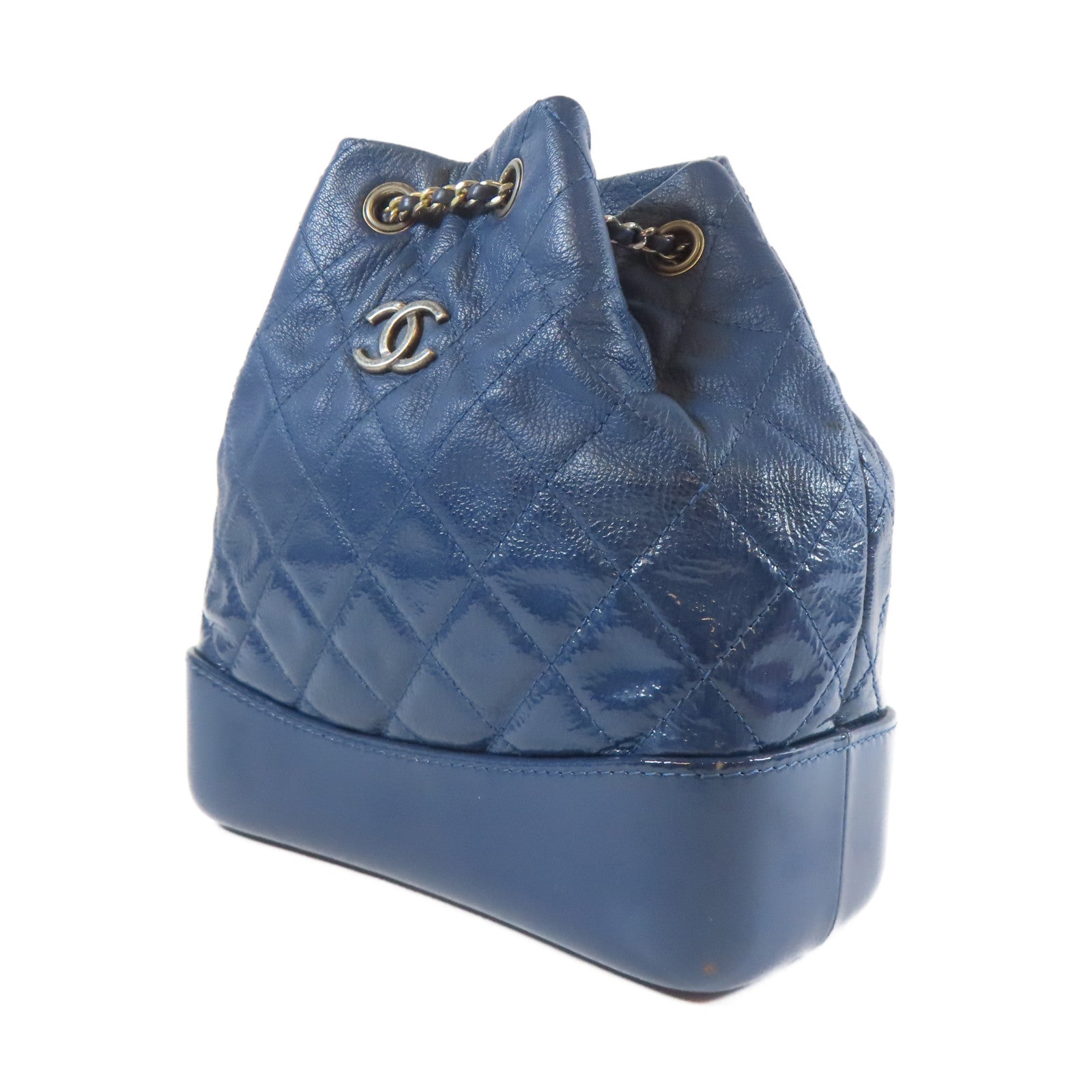 CHANEL 菱格牛皮皮革Gabrielle Backpack金扣/銀扣鏈帶背包藍色
