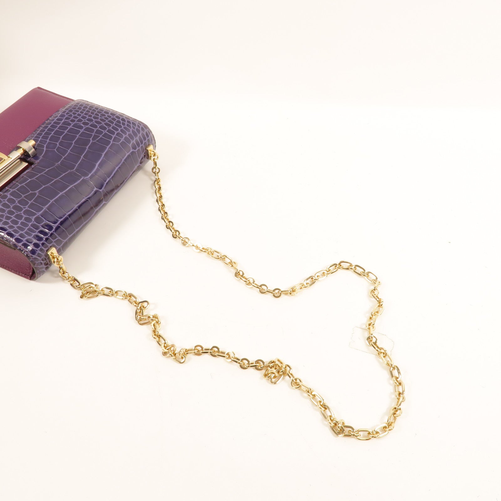 HERMES Chamkil/鱷魚皮革Verrou Mini鏈帶肩背袋Anemone/Cassis