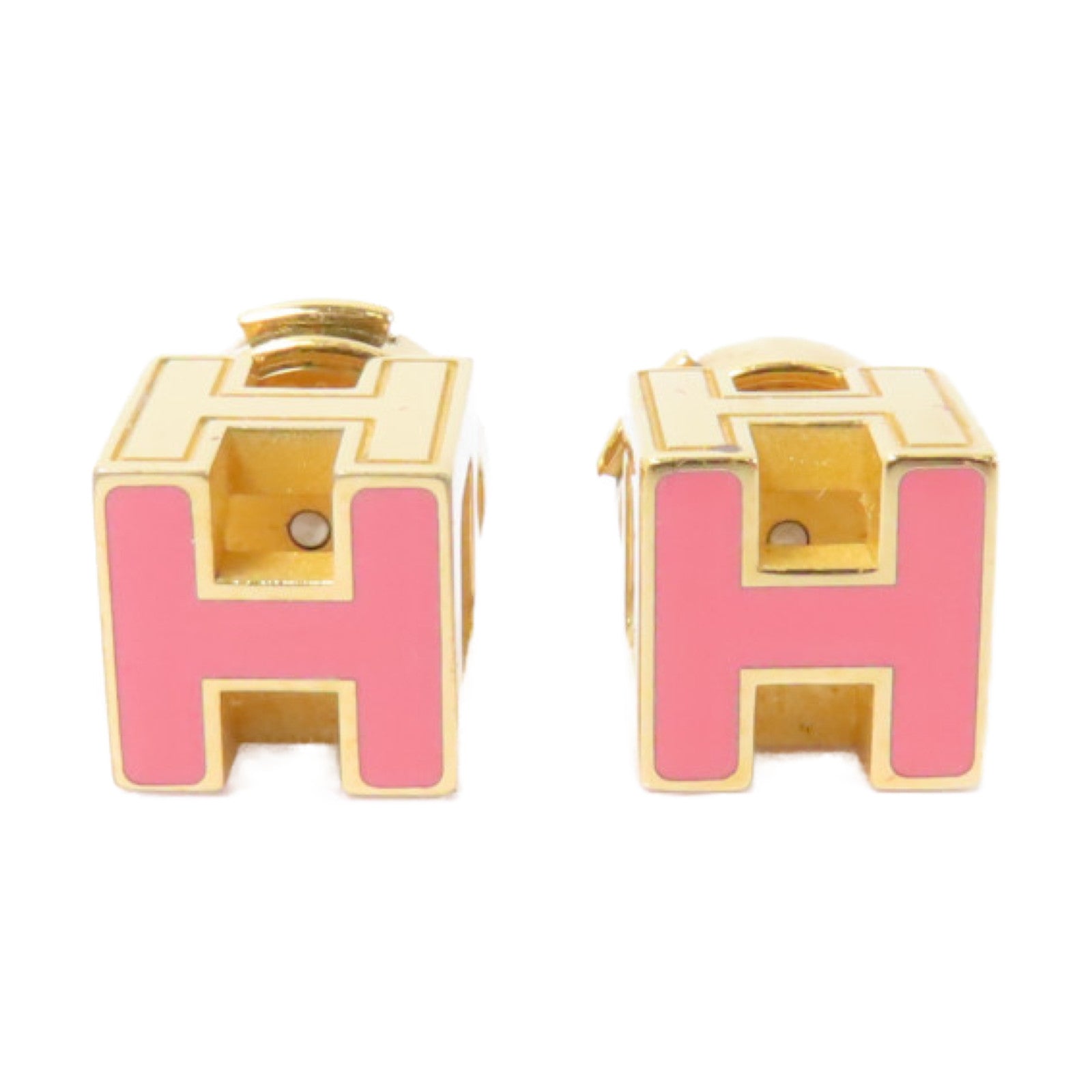 HERMES 金屬Cube H Earrings耳環金色/粉紅色