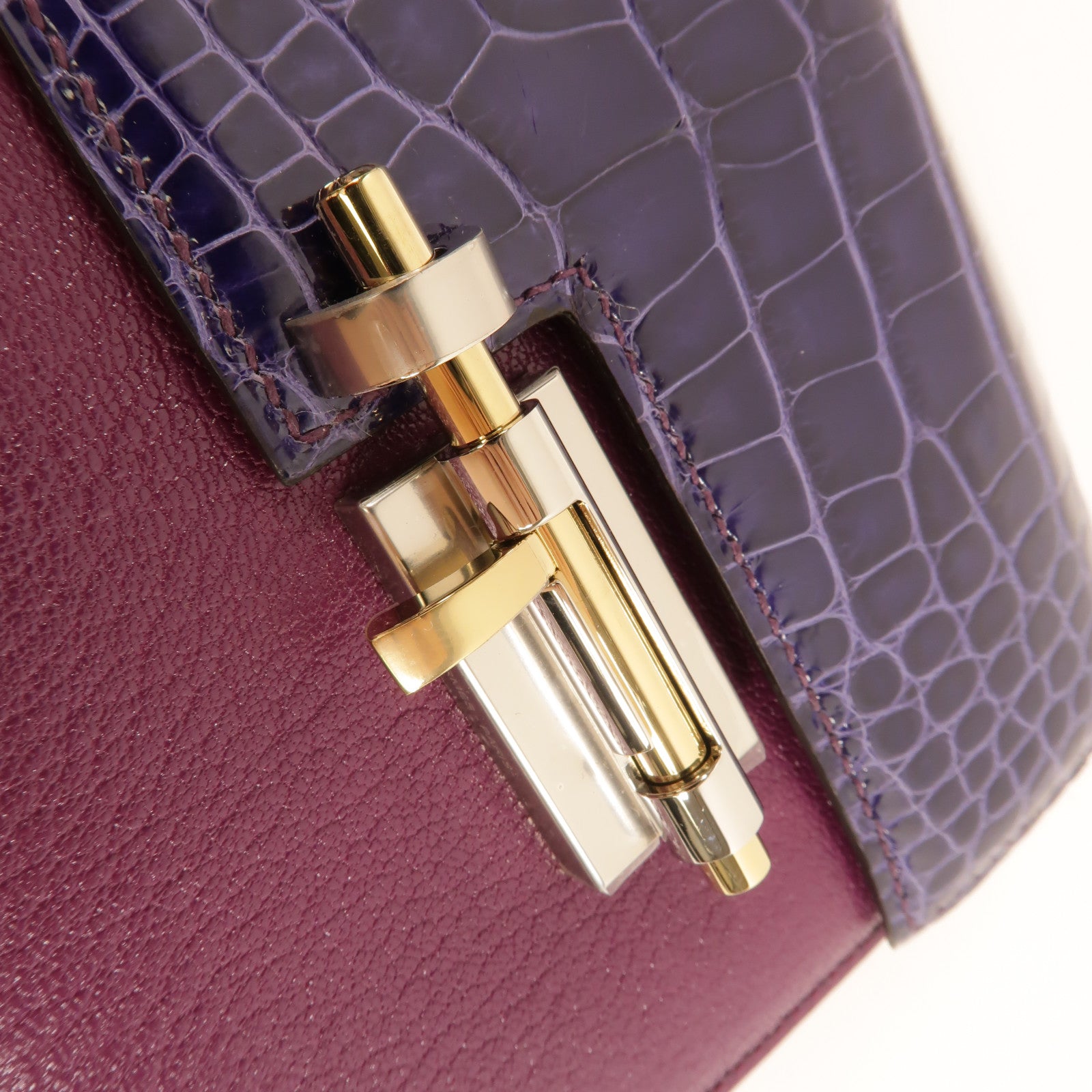 HERMES Chamkil/鱷魚皮革Verrou Mini鏈帶肩背袋Anemone/Cassis
