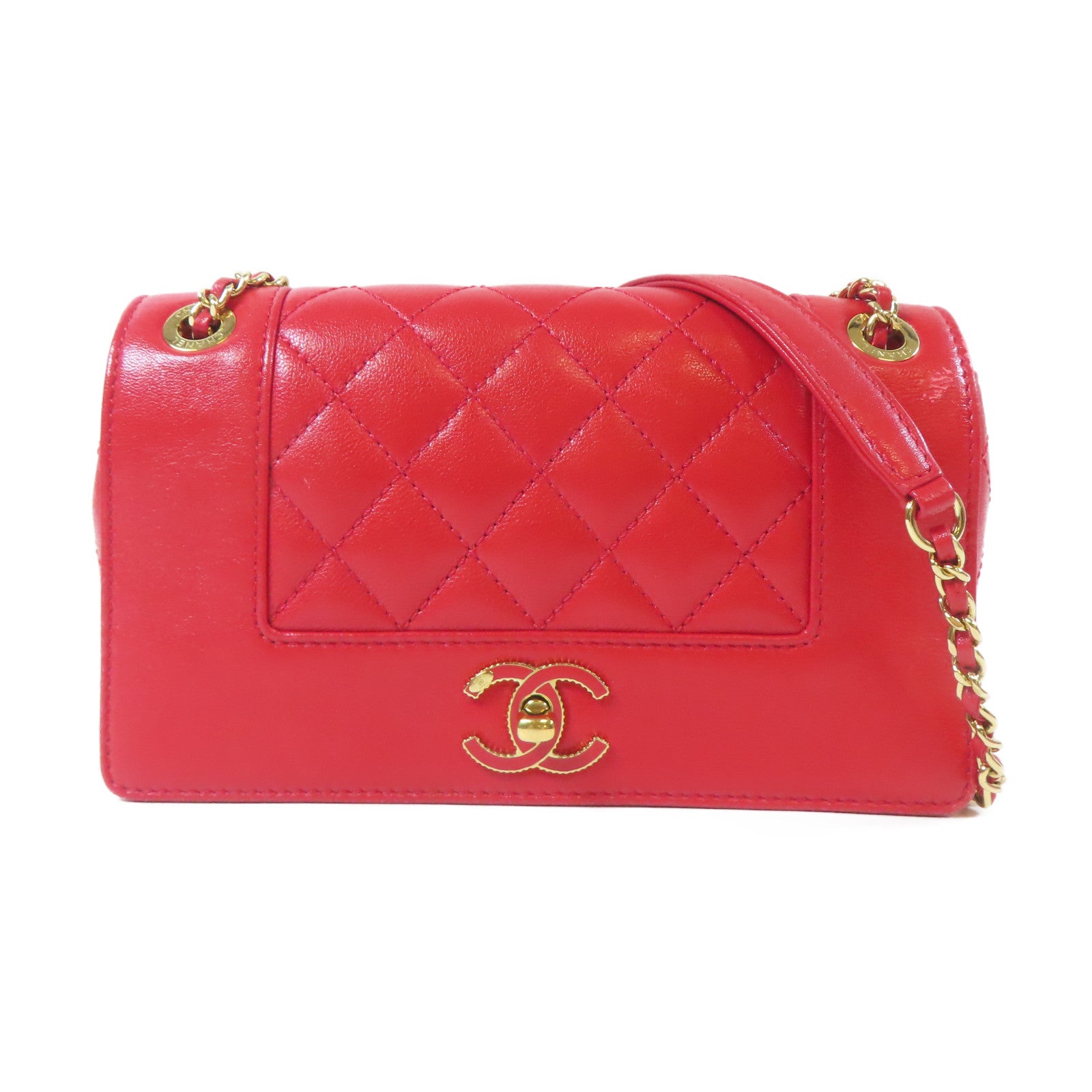 CHANEL 【激減優惠】菱格牛皮皮革Chain Shoulder金扣肩背袋紅色