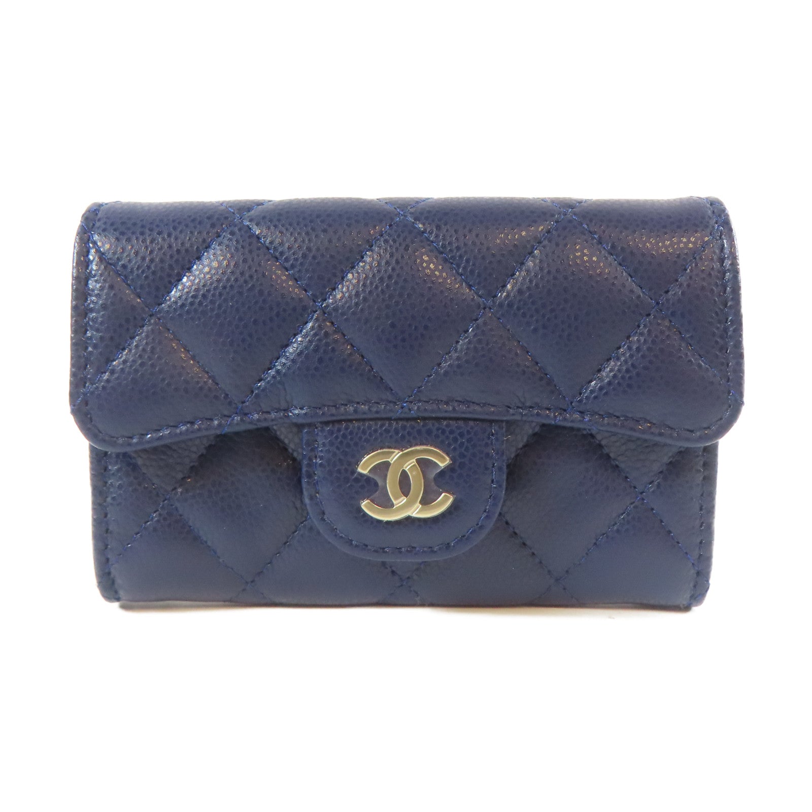 CHANEL 菱格Caviar皮革Card Case銀扣藍色