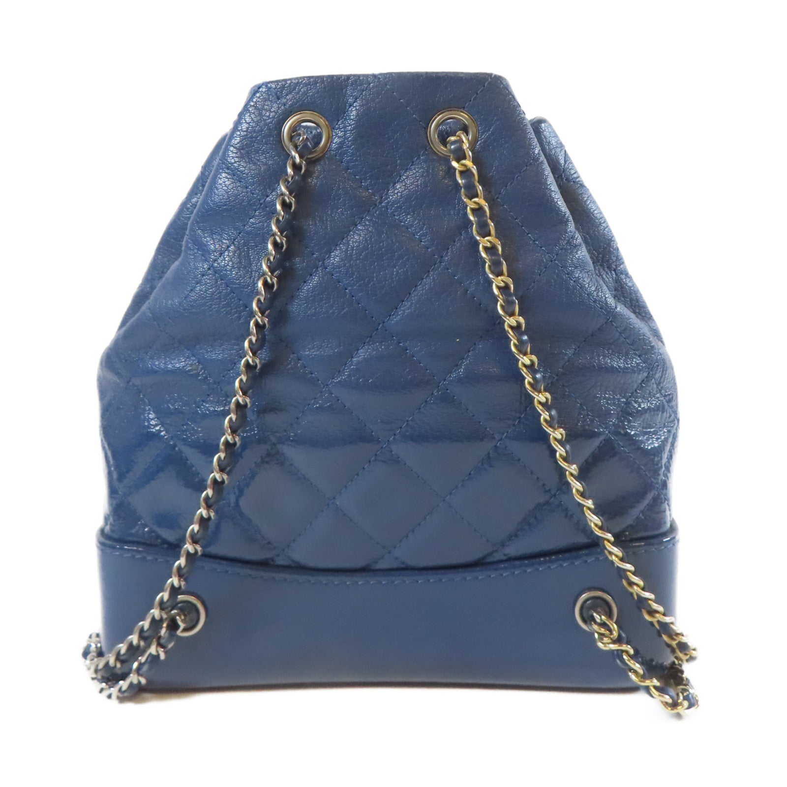 CHANEL 菱格牛皮皮革Gabrielle Backpack金扣/銀扣鏈帶背包藍色