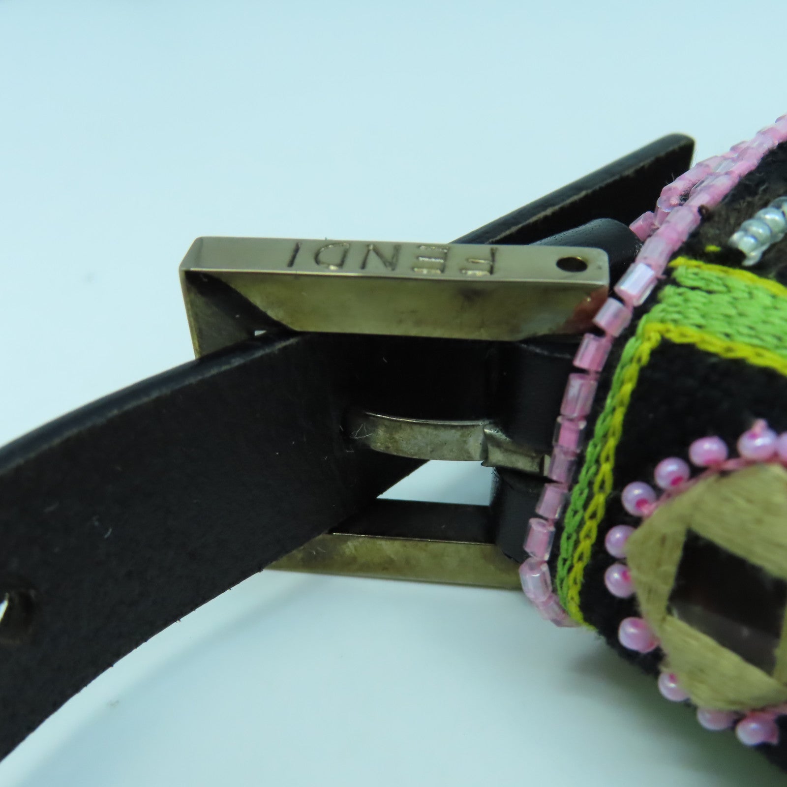FENDI 帆布/珠子Shoulder Bag金扣/銀扣肩背袋黑色/綠色