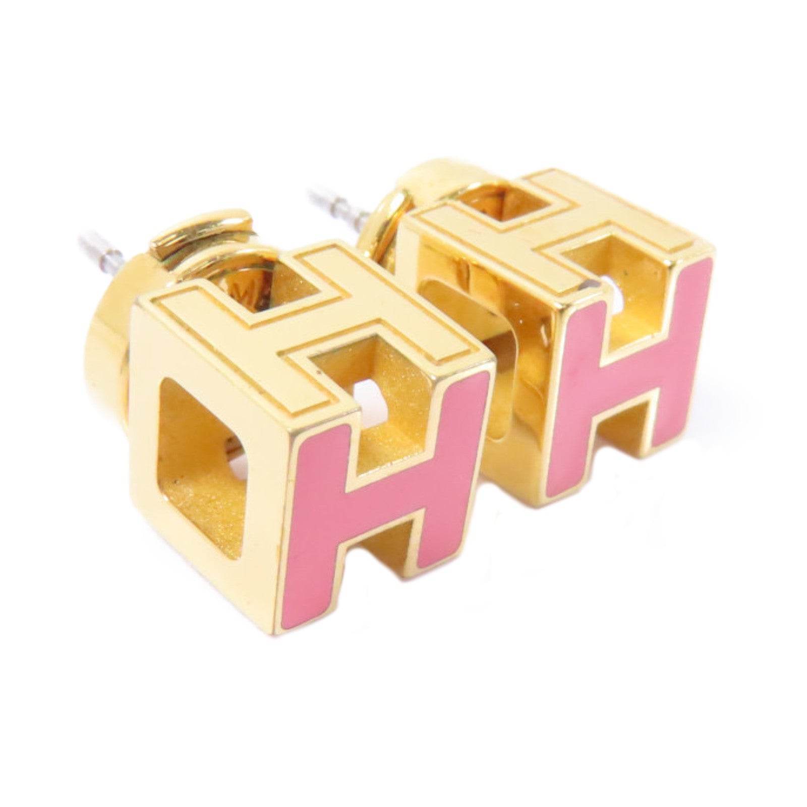 HERMES 金屬Cube H Earrings耳環金色/粉紅色
