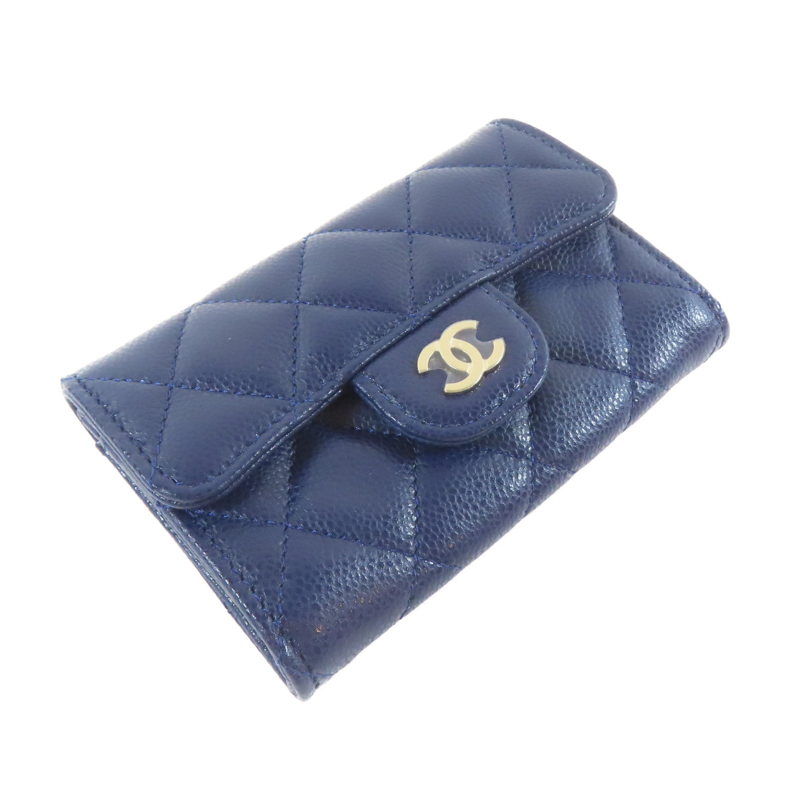 CHANEL 菱格Caviar皮革Card Case銀扣藍色