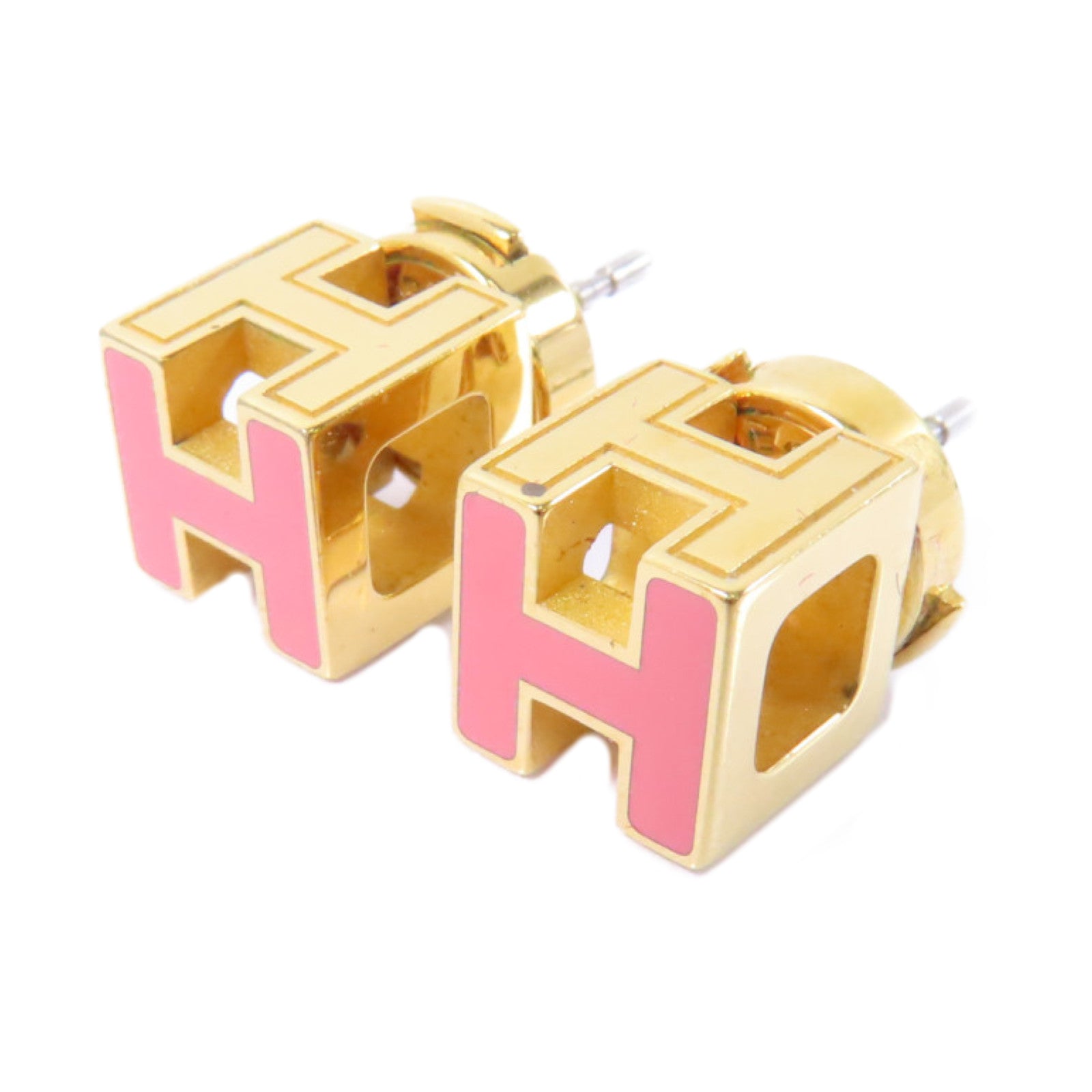 HERMES 金屬Cube H Earrings耳環金色/粉紅色